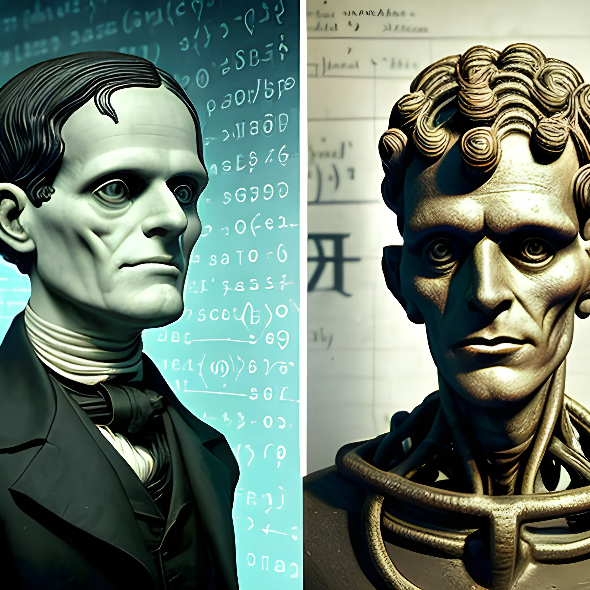 A composition that mixes literary and scientific elements. On the left, the figure of Mary Shelley's Frankenstein's monster and the Golem from Jewish mythology, both emerging from the shadows, representing the first ideas about machines or beings created by humans. On the right, Alan Turing, in formal dress, stands in front of a blackboard with mathematical formulas and diagrams, transforming these mythical ideas into scientific reality. In the background, a mixture of circuits, gears, and binary code connects the two halves of the image, symbolizing the bridge between ancient imagination and modern advances in artificial intelligence.