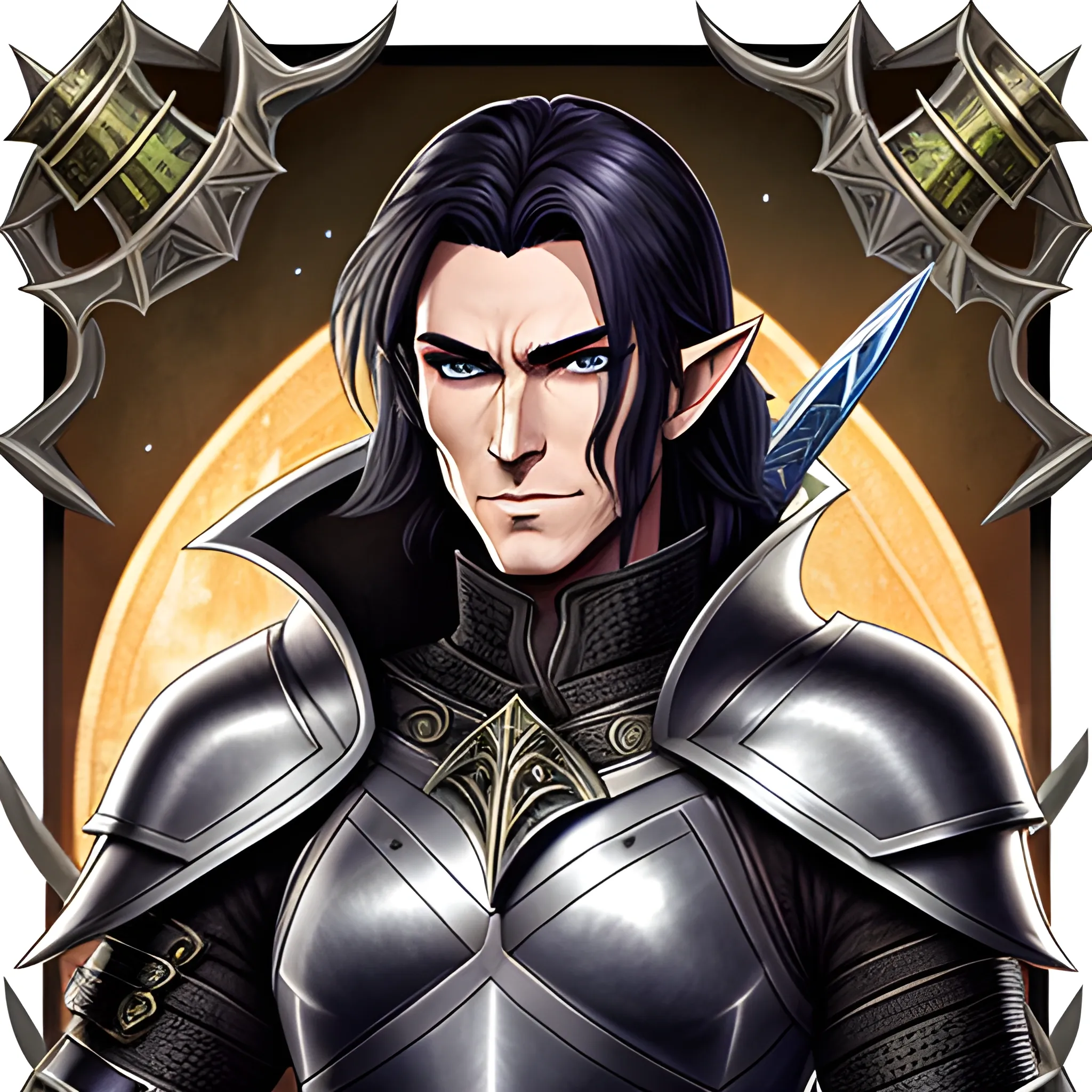 A male young elf paladin who has elven features: pointed ears, a sharp jawline, and piercing bright eyes that radiate warmth and determination. His hair is dark brown, slightly tousled. He wears chainmail armor and carries a standard longsword and a plain shield adorned with a raven emblem, Water Color