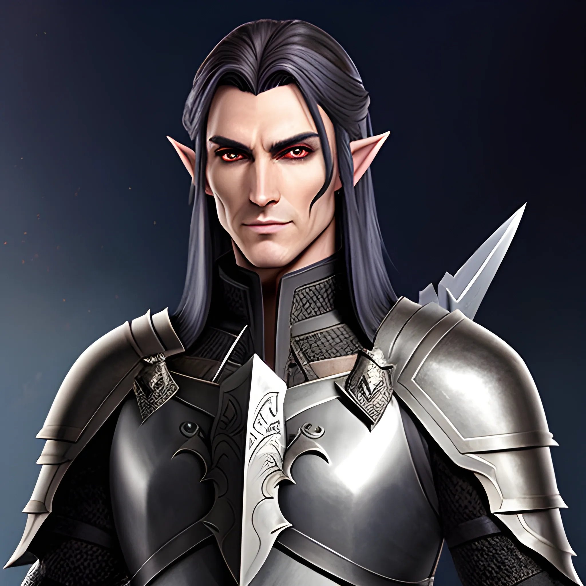 A male young elf paladin who has elven features: pointed ears, a sharp jawline, and piercing bright eyes that radiate warmth and determination. His hair is dark brown, slightly tousled. He wears chainmail armor and carries a standard longsword and a plain shield adorned with a raven emblem, Water Color