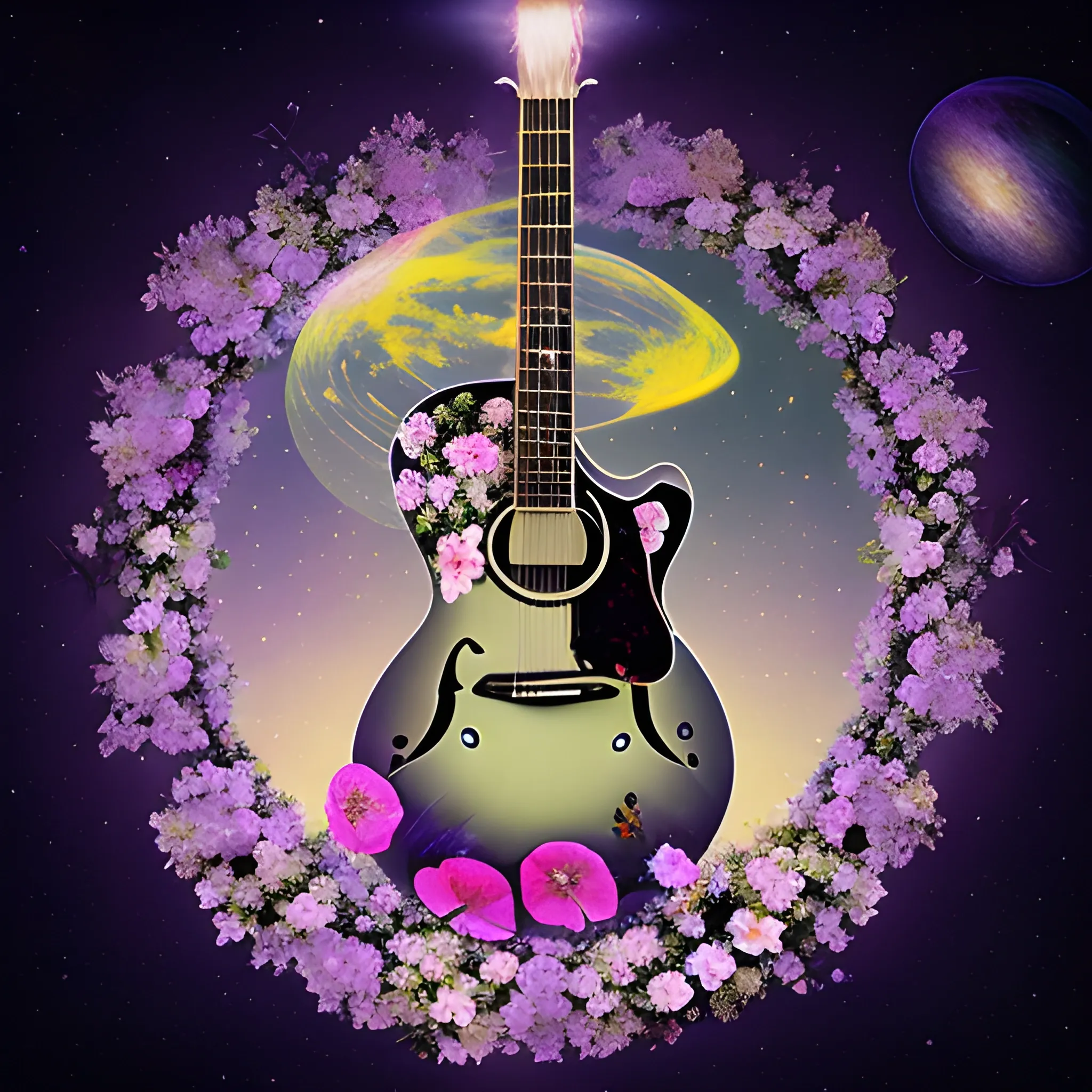 ethereal planet, guitar in flowers