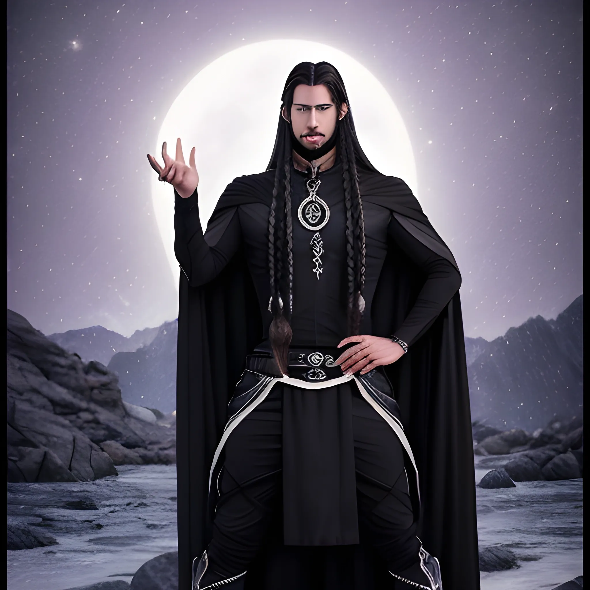 shadar kai with white very long hair some braided and some free with nightsky eyes. tall and handsome with a dark cape and a mantoline. He has a bracelet with nails getting into his left hand