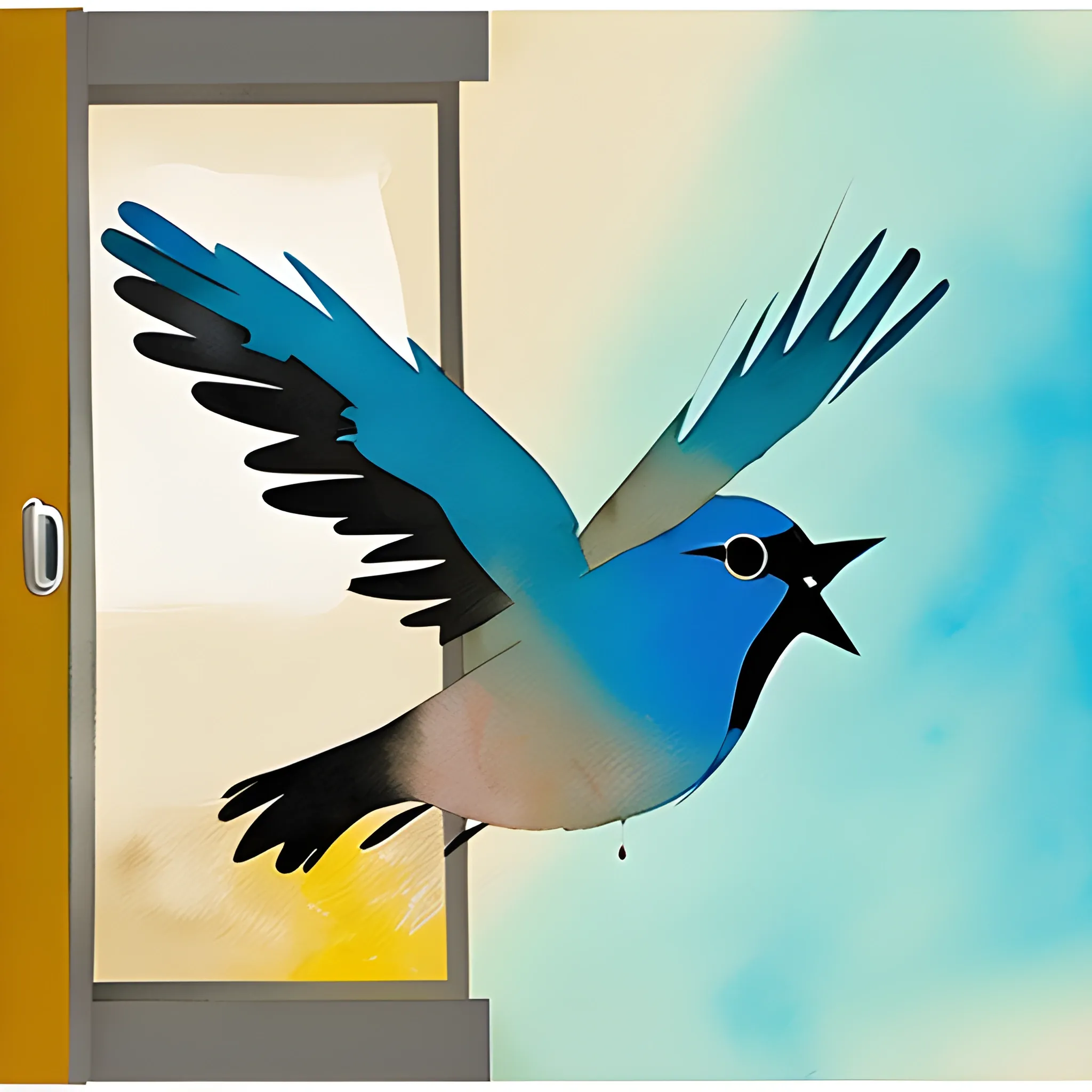 Modern,Contemporary, Abstract art, Expressionism, A blue bird flying into the sunset from a self-imposed bird cage with the door open and cool splashes of earth tone pastel watercolors that represent freedom for the background., Water Color