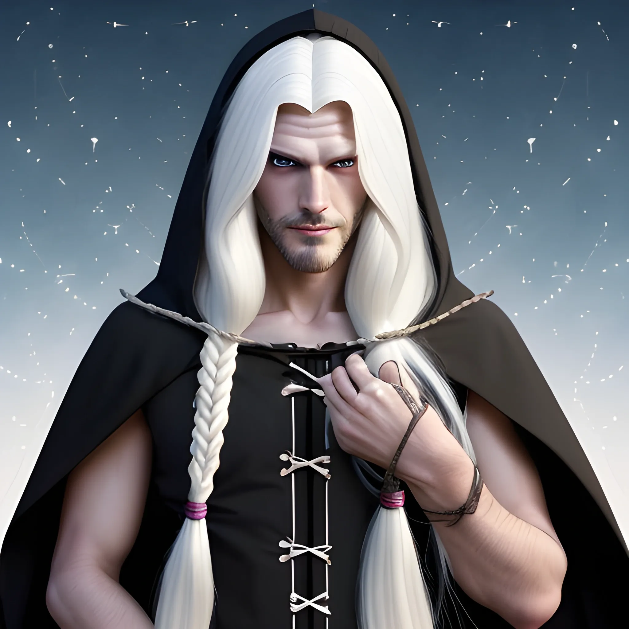 shadar kai with very long white hair some braided and some free but all together in a ponnytale with night-sky colored eyes. tall and handsome with a dark cape with a hood and a mandolin in his side hanging with a rope. He wears a bracelet with long nails that stick into his left hand causing some blood to always drip 