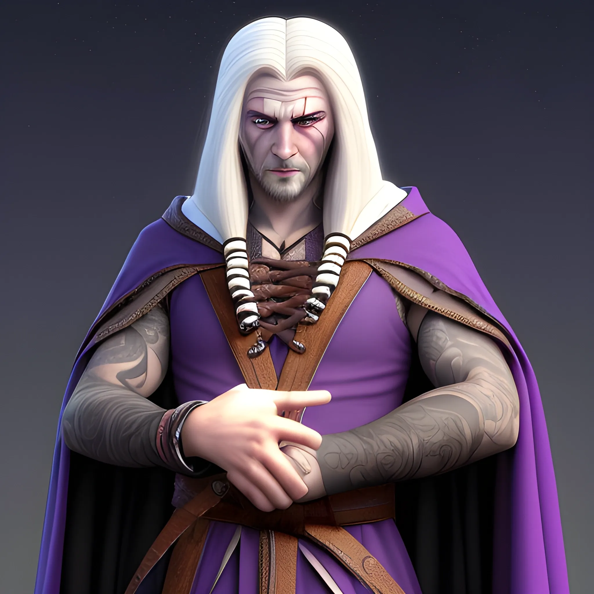 shadar kai with very long white hair some braided and some free but all together in one ponnytale behind his haid with the side hair shaved with night-sky and purple colored eyes. tall and handsome with a dark cape with a hood and a mandolin in his side hanging with a rope. He wears a bracelet with long nails that stick into his left hand causing some blood to always drip in the rest of his hand, 3D