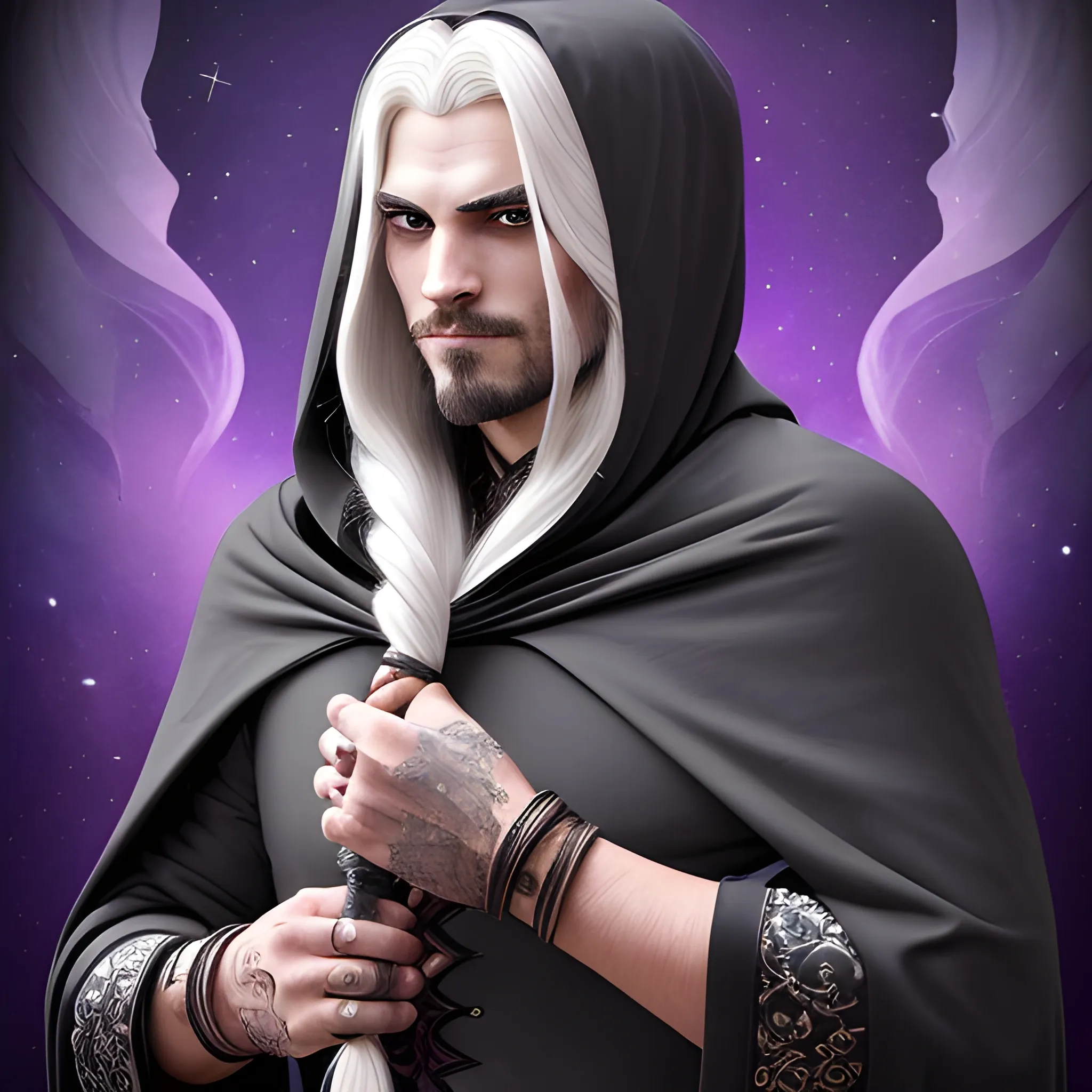 shadar kai with very long white hair some braided and some free but all together in one ponnytale behind his haid with the side hair shaved with night-sky and purple colored eyes. tall and handsome with a dark cape with a hood and a mandolin in his side hanging with a rope. He wears a bracelet with long nails that stick into his left hand causing some blood to always drip in the rest of his hand