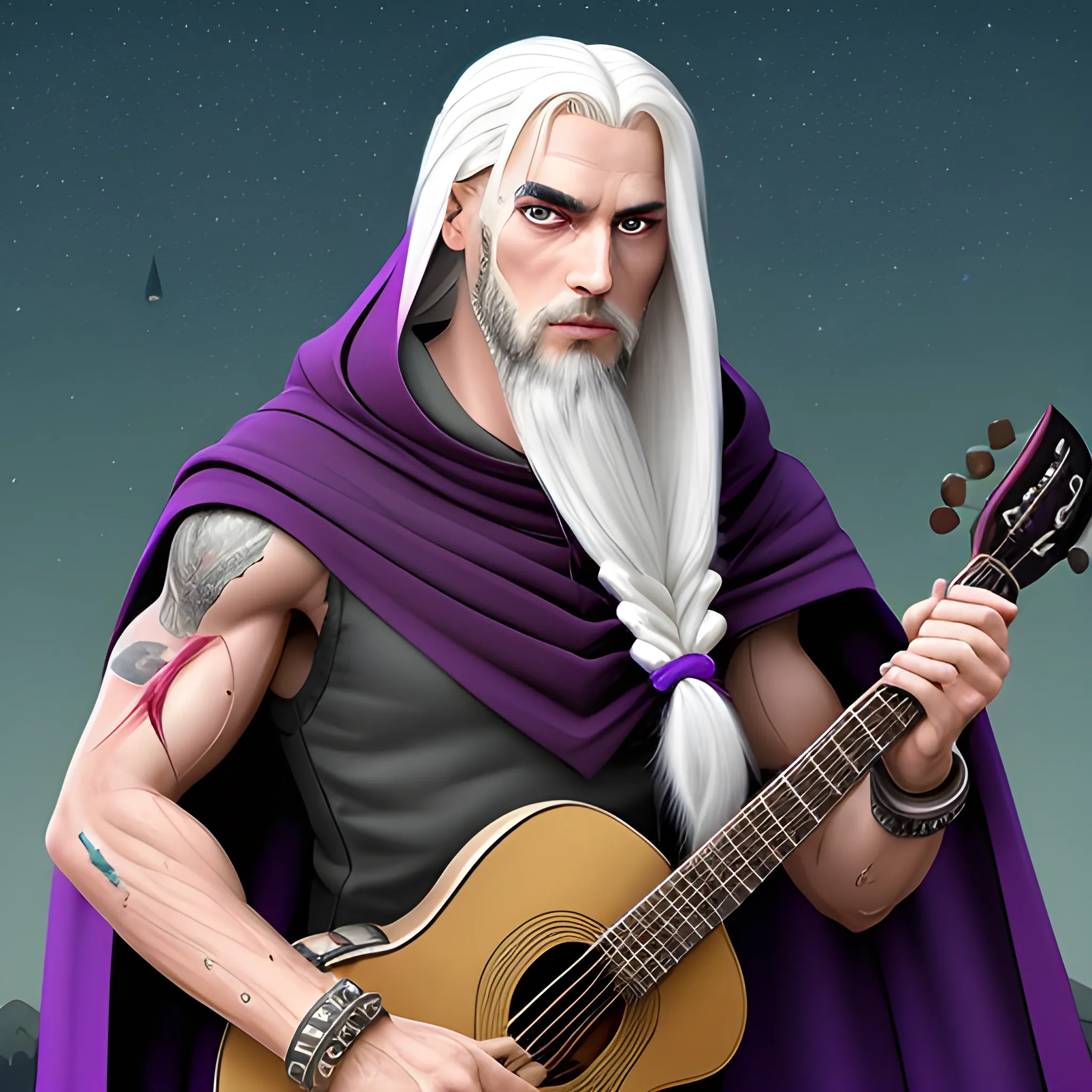 shadar kai bard with very long white hair some braided and some free but all together in one ponnytale laid behind his haid with the side hair shaved. with night-sky and purple colored eyes. tall and handsome with a dark cape with a hood falling behide and a mandolin (instrument) in his side hanging with a rope. He wears a bracelet with long nails that stick into his left arm causing some blood to always drip in the rest of his hand