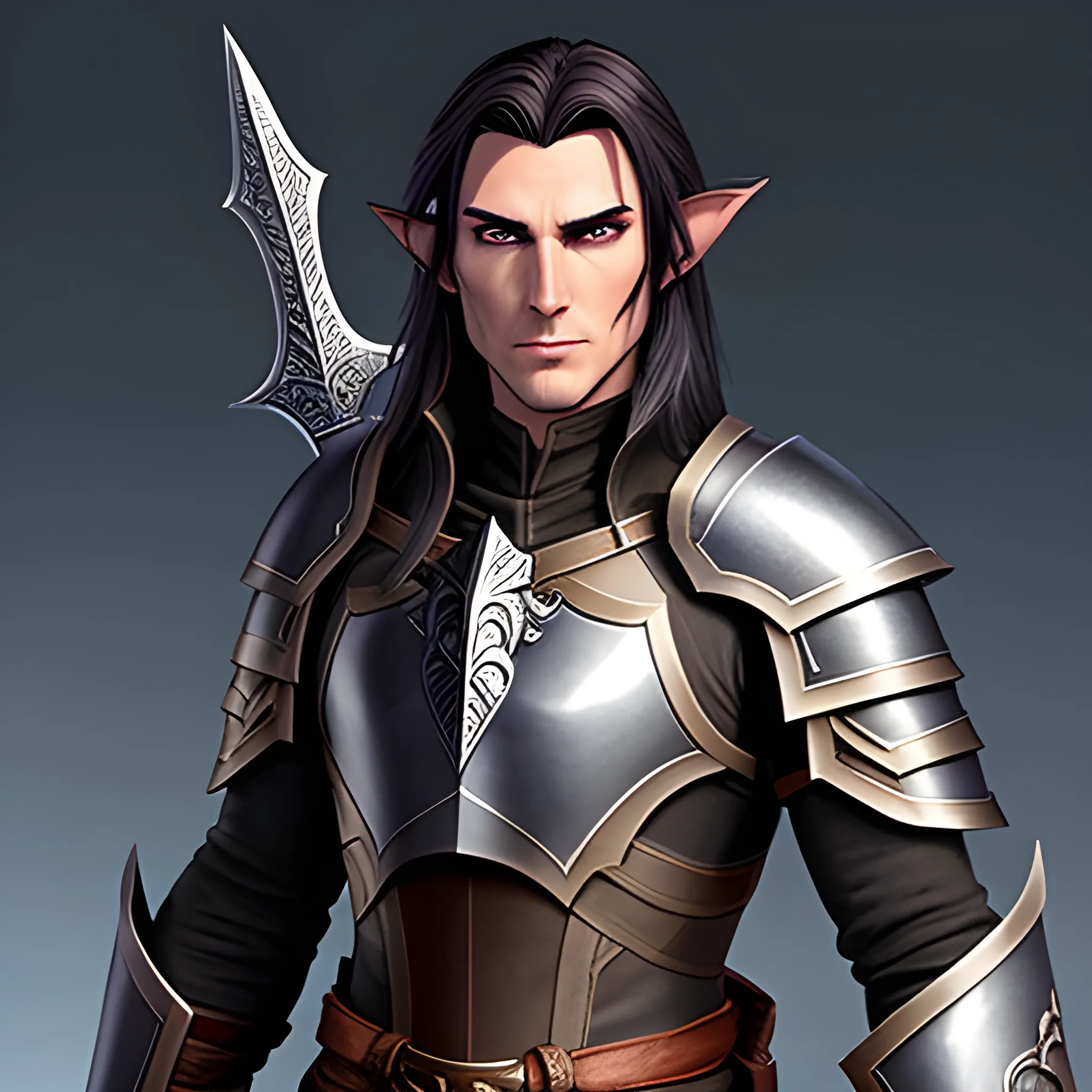 A male young elf paladin who has elven features: pointed ears, a sharp jawline, and piercing bright eyes that radiate warmth and determination. His hair is dark brown, slightly tousled. He wears chainmail armor and carries a standard longsword and a plain shield adorned with a raven emblem, Water Color