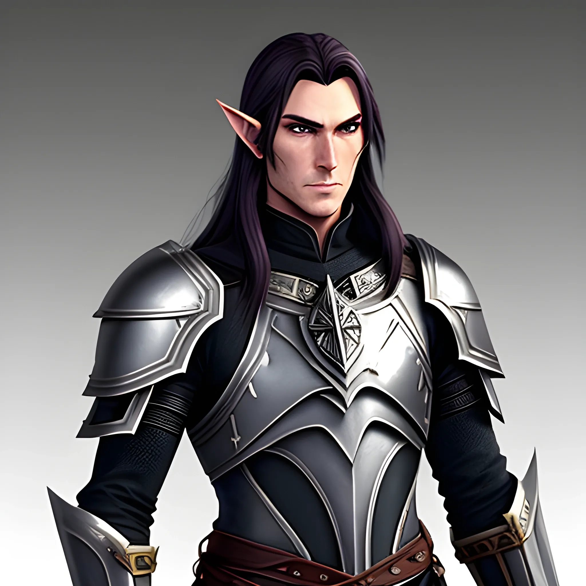 A male young elf paladin who has elven features: pointed ears, a sharp jawline, and piercing bright eyes that radiate warmth and determination. His hair is dark brown, slightly tousled. He wears chainmail armor and carries a standard longsword and a plain shield adorned with a raven emblem, Water Color