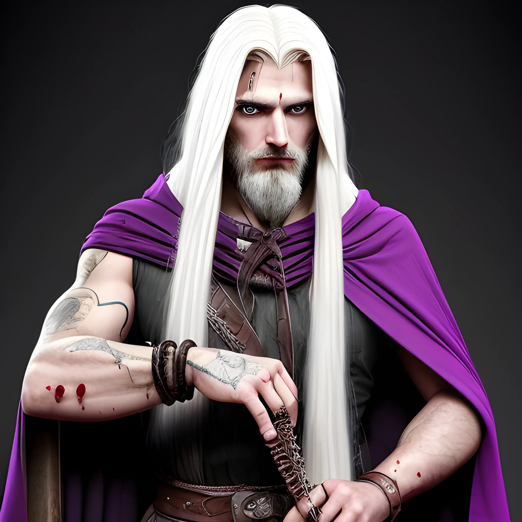 shadar kai bard with very long white hair some braided and some free but all together in one ponnytale laid behind his haid with the side hair shaved. almost shaved beard. wit
h night-sky and purple colored eyes. tall and handsome with a dark cape with a hood falling behide and a mandolin (instrument) in his side hanging with a rope. He wears a bracelet with long nails that stick into his left arm causing some blood to always drip in the rest of his hand