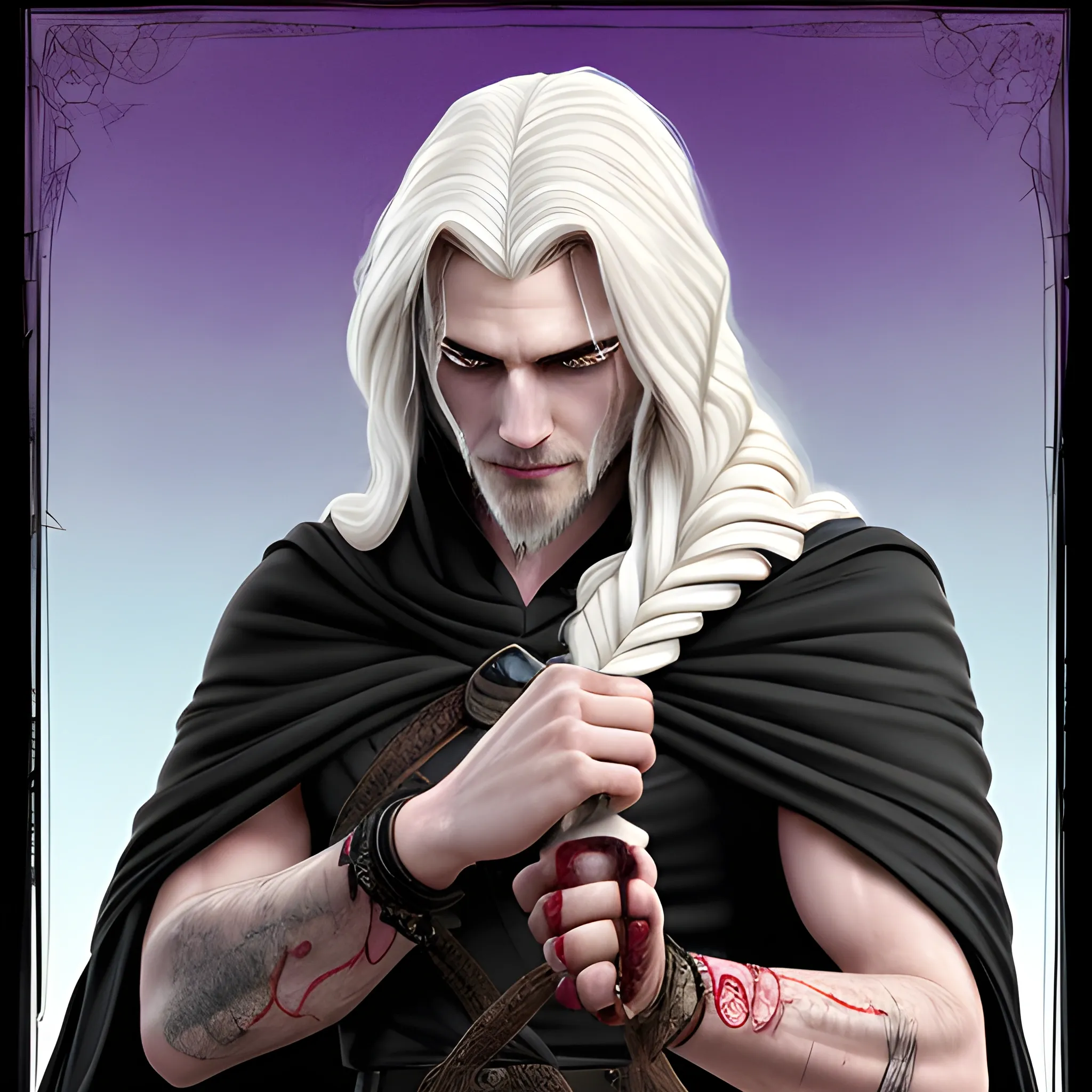 shadar kai bard with very long white hair some braided and some free but all together in one ponnytale laid behind his haid with the side hair shaved. almost shaved beard. with night-sky and purple colored eyes. Tall and handsome with a dark black cape with a hood falling behide and a mandolin (instrument) in his side hanging with a rope. He wears a bracelet with long nails that stick into his left arm causing some blood to always drip in the rest of his hand