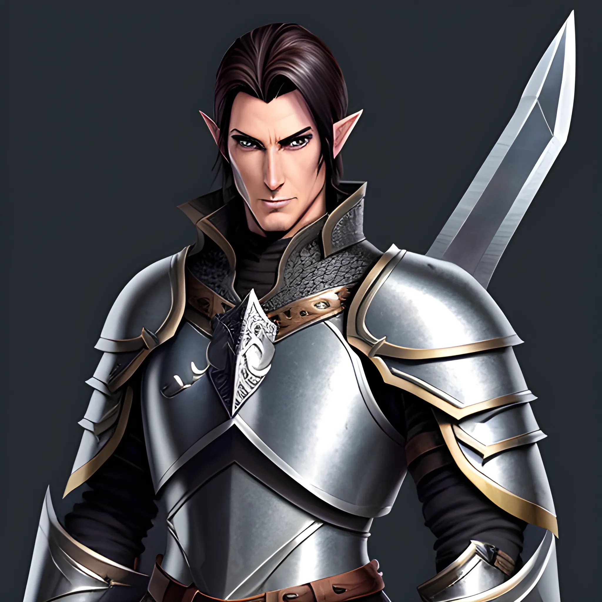 A male young elf paladin who has elven features: pointed ears, a sharp jawline, and piercing bright eyes that radiate warmth and determination. His hair is dark brown, slightly tousled. He wears chainmail armor and carries a standard longsword and a plain shield adorned with a raven emblem, Water Color