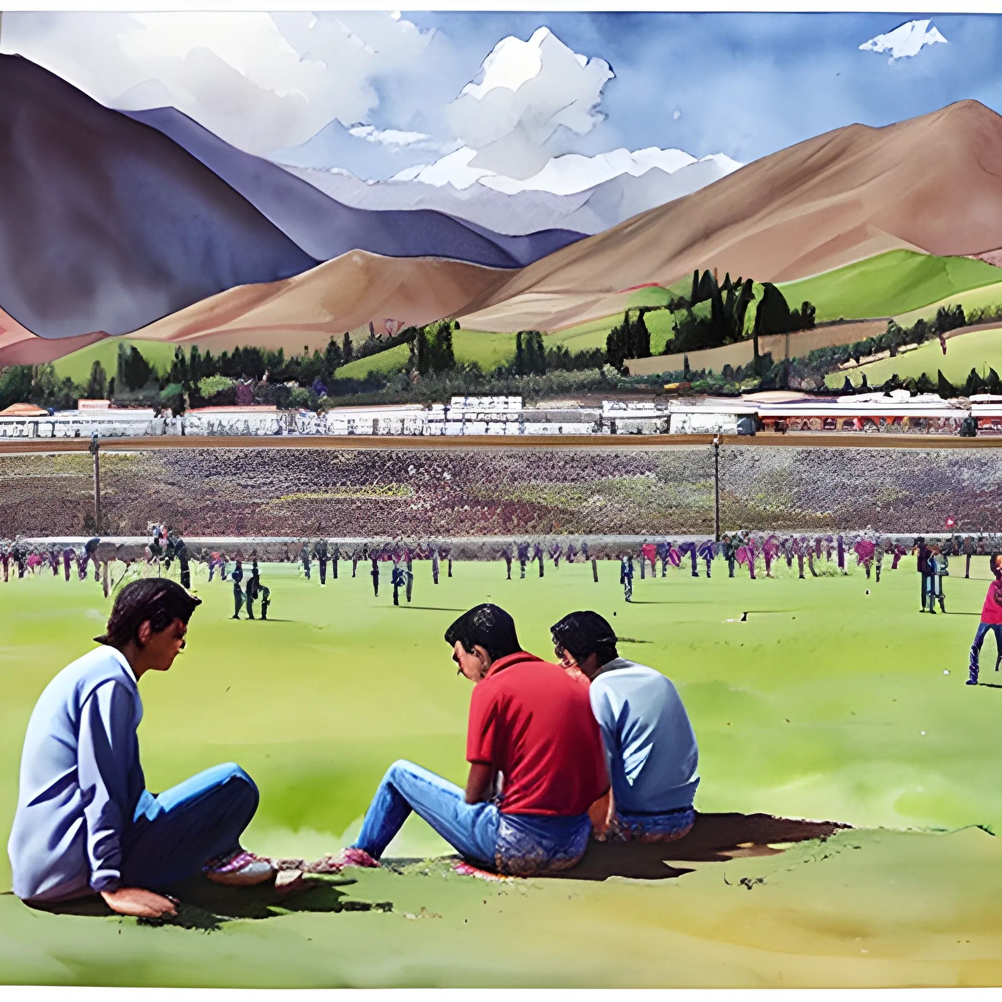 Jovenes sentados en el pasto charlando, de fondo una universidad grande , Water Color