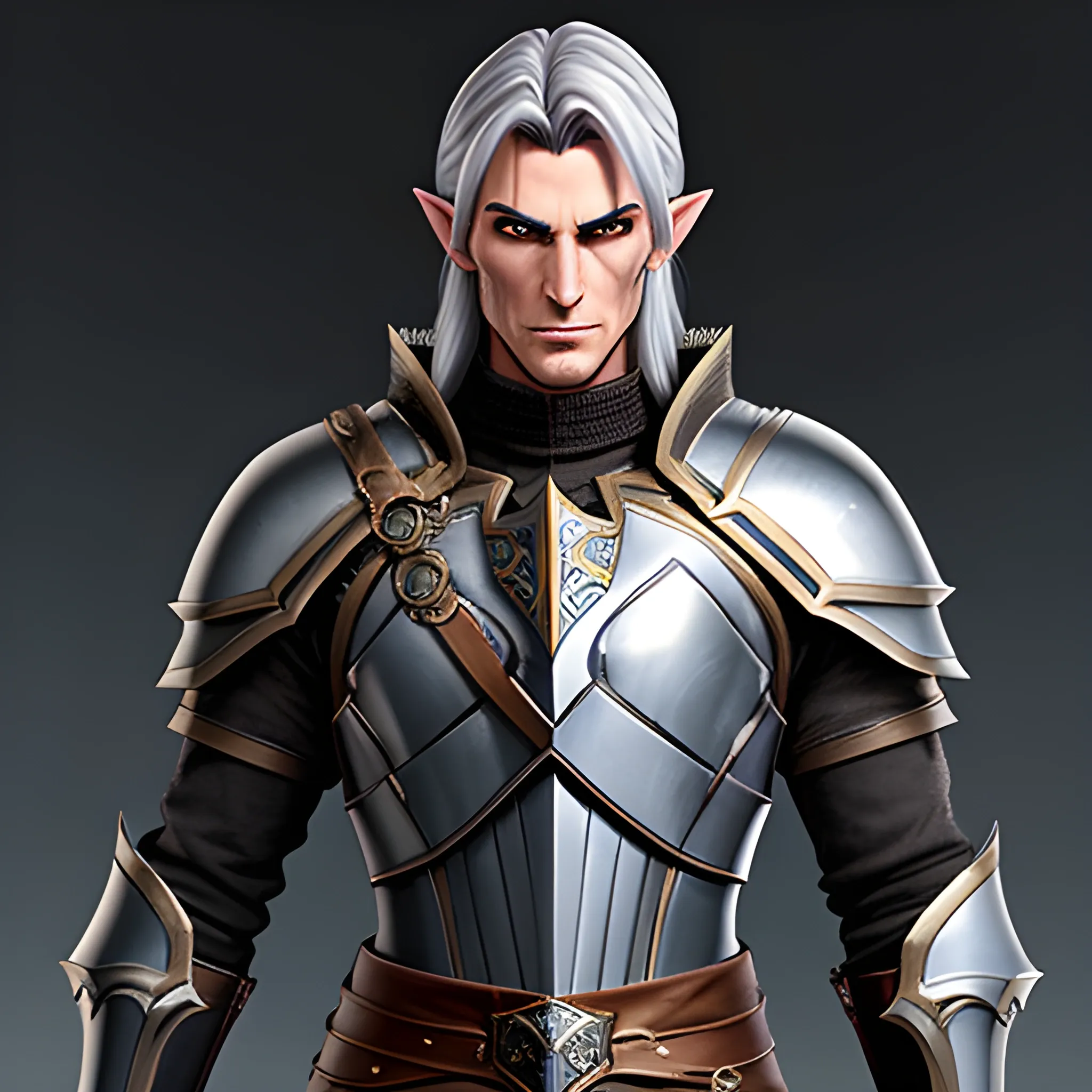 A male young elf paladin who has elven features: pointed ears, a sharp jawline, and piercing bright eyes that radiate warmth and determination. His hair is dark brown, slightly tousled. He wears chainmail armor and carries a standard longsword and a plain shield adorned with a raven emblem, Water Color