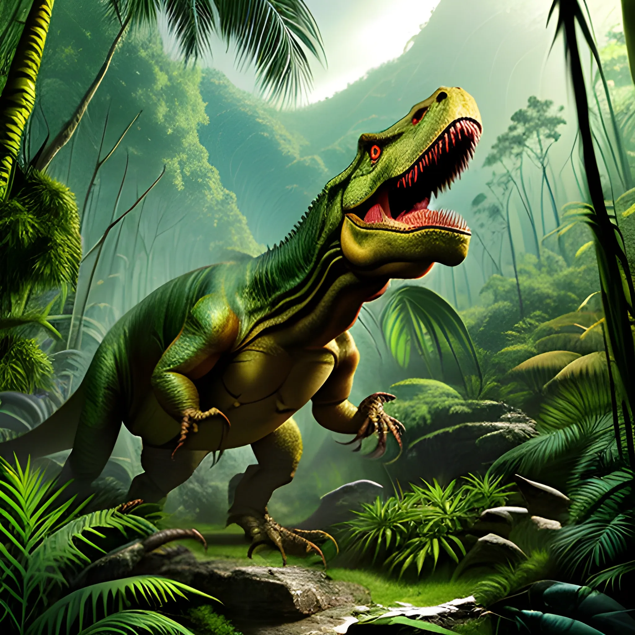 A massive, realistic T-rex dinosaur roaring in a dense prehistoric jungle. The T-rex has sharp teeth, powerful legs, and small arms, with its skin showing intricate scales and textures in shades of dark green and brown. Surrounding the T-rex, tall trees with ancient ferns and mist rising from the jungle floor. In the background, distant mountains and a glowing sunset are visible. The sky has a mix of oranges, purples, and reds, creating a dramatic scene. The overall mood is both awe-inspiring and slightly terrifying, with an emphasis on the majesty and power of the T-rex.",