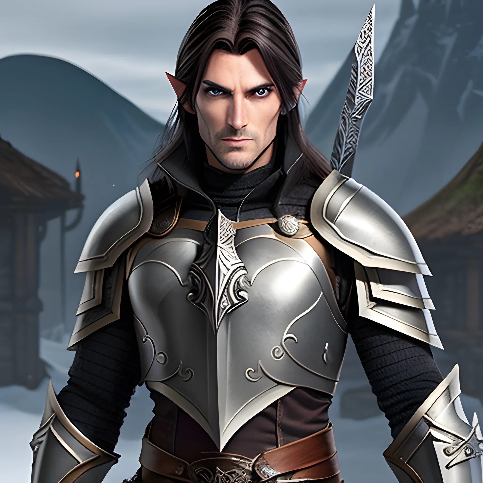 A male young elf paladin who has elven features: pointed ears, a sharp jawline, and piercing bright eyes that radiate warmth and determination. His hair is dark brown, slightly tousled. He wears chainmail armor and carries a standard longsword and a plain shield adorned with a raven emblem, Water Color