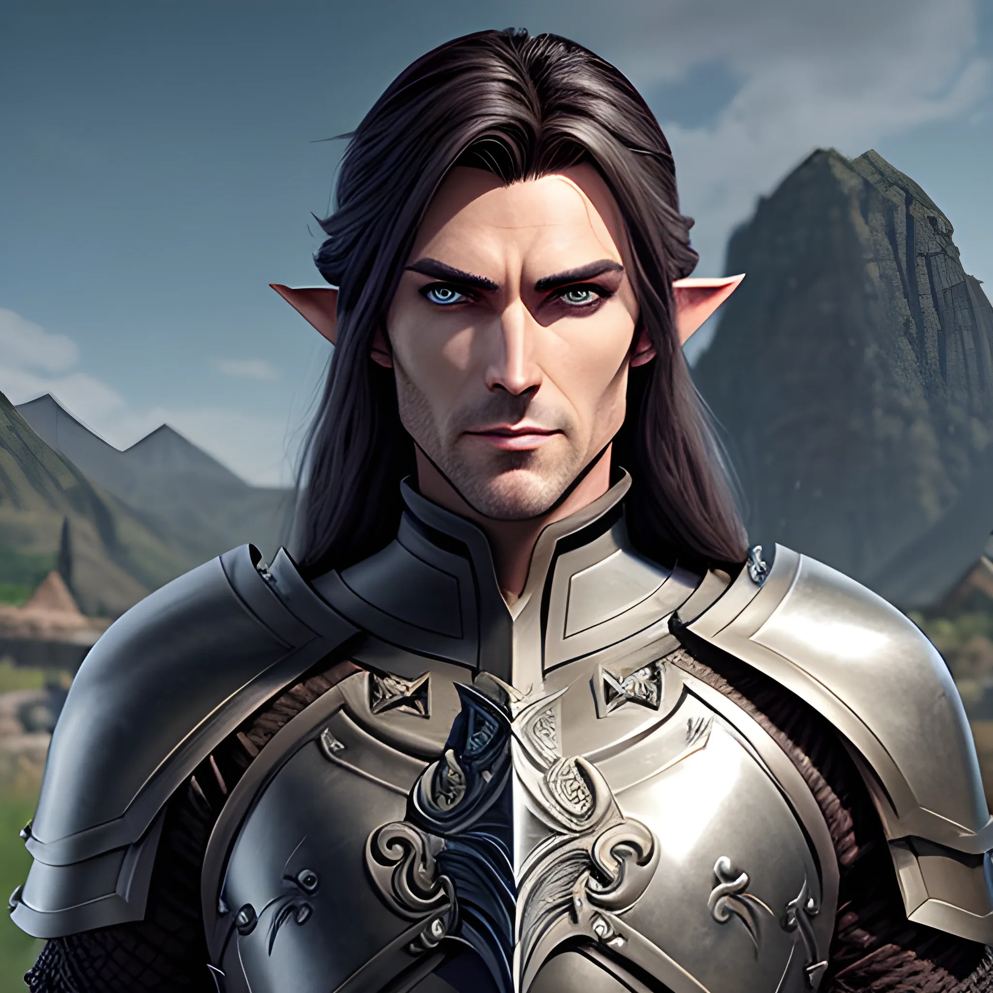 A male young elf paladin who has elven features: pointed ears, a sharp jawline, and piercing bright eyes that radiate warmth and determination. His hair is dark brown, slightly tousled. He wears chainmail armor and carries a standard longsword and a plain shield adorned with a raven emblem, Water Color