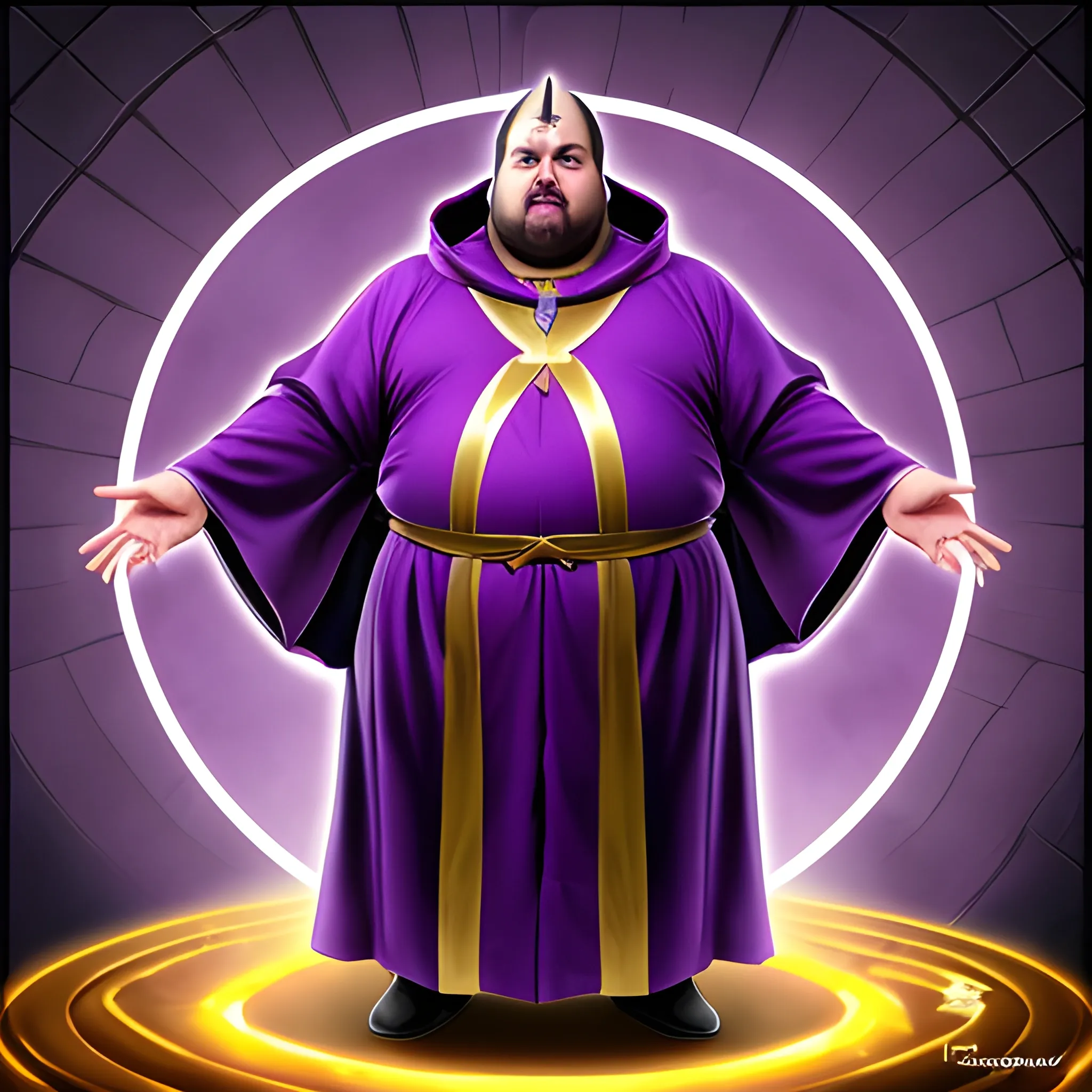 evil priest, fat but tidy, with a purple robe with golden simbols 