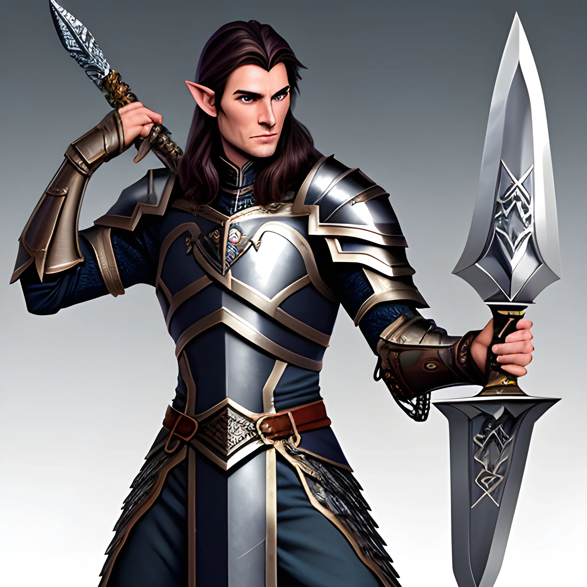 A male young elf paladin who has elven features: pointed ears, a sharp jawline, and piercing bright eyes that radiate warmth and determination. His hair is dark brown, slightly tousled. He wears chainmail armor and carries a standard longsword and a plain shield adorned with a raven emblem, Water Color