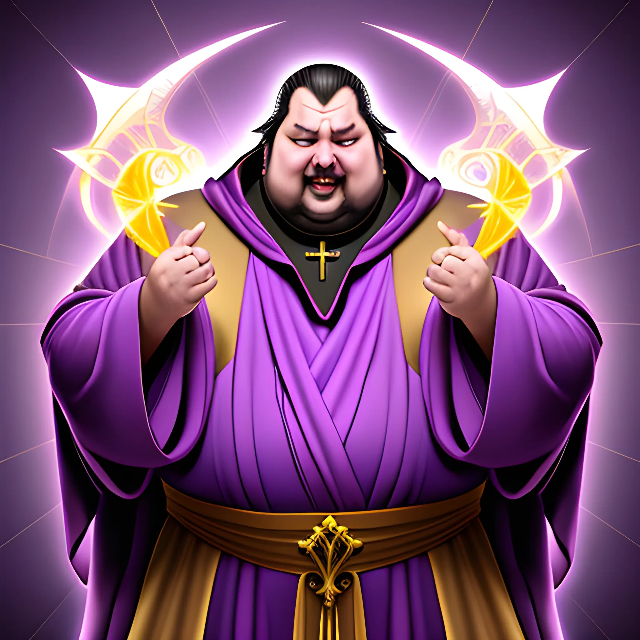 evil priest, fat but tidy, with a purple robe with golden simbols, realistic style