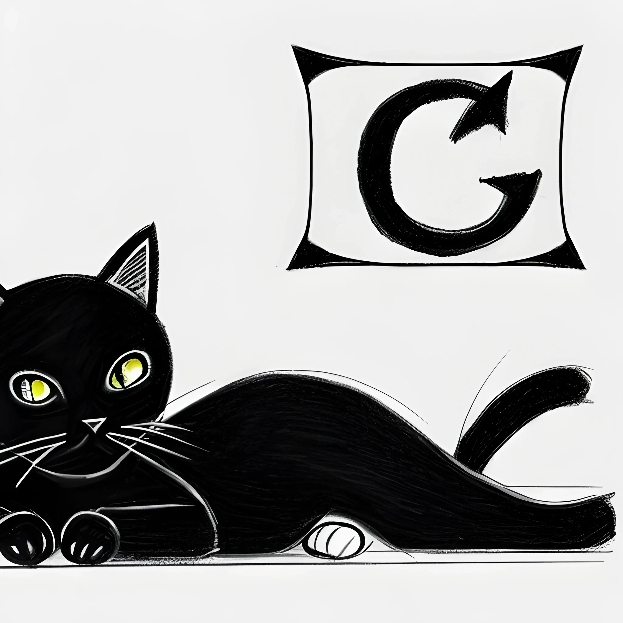 logotype black cat is studying and lying on the letter C, Pencil Sketch