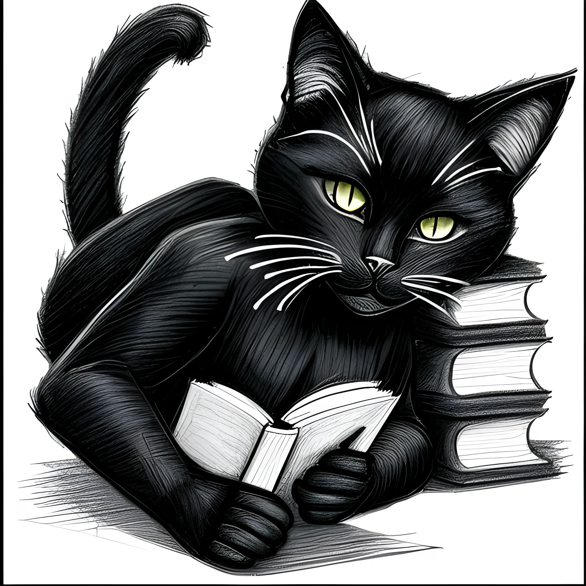 logotype black cat is reading a books and lying on the letter C, Pencil Sketch