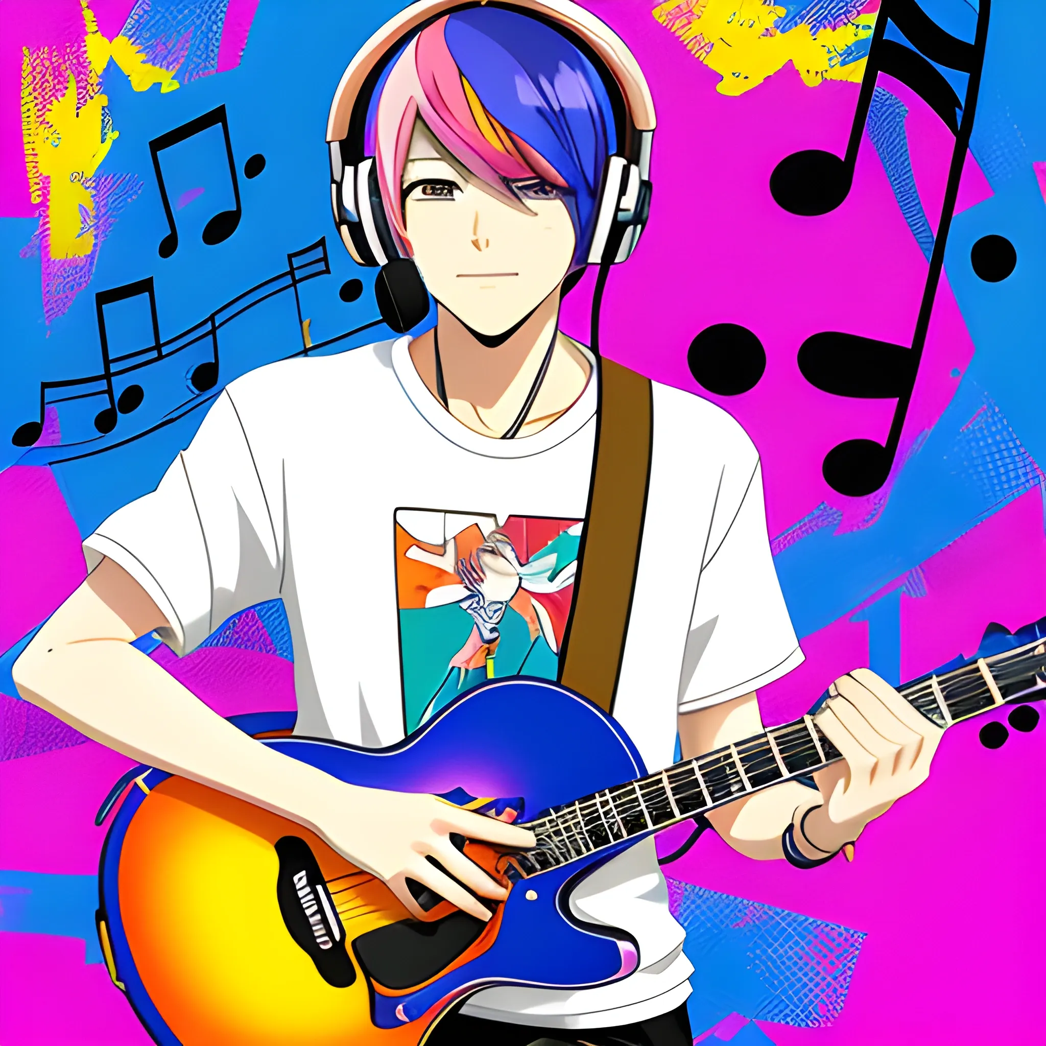 "Anime style portrait of a character with headphones, playing a musical instrument, such as a guitar or piano. The character has vibrant, colorful hair and expressive eyes, dressed in a stylish, modern outfit. The background features musical notes or abstract patterns related to music. The overall mood is lively and energetic."
