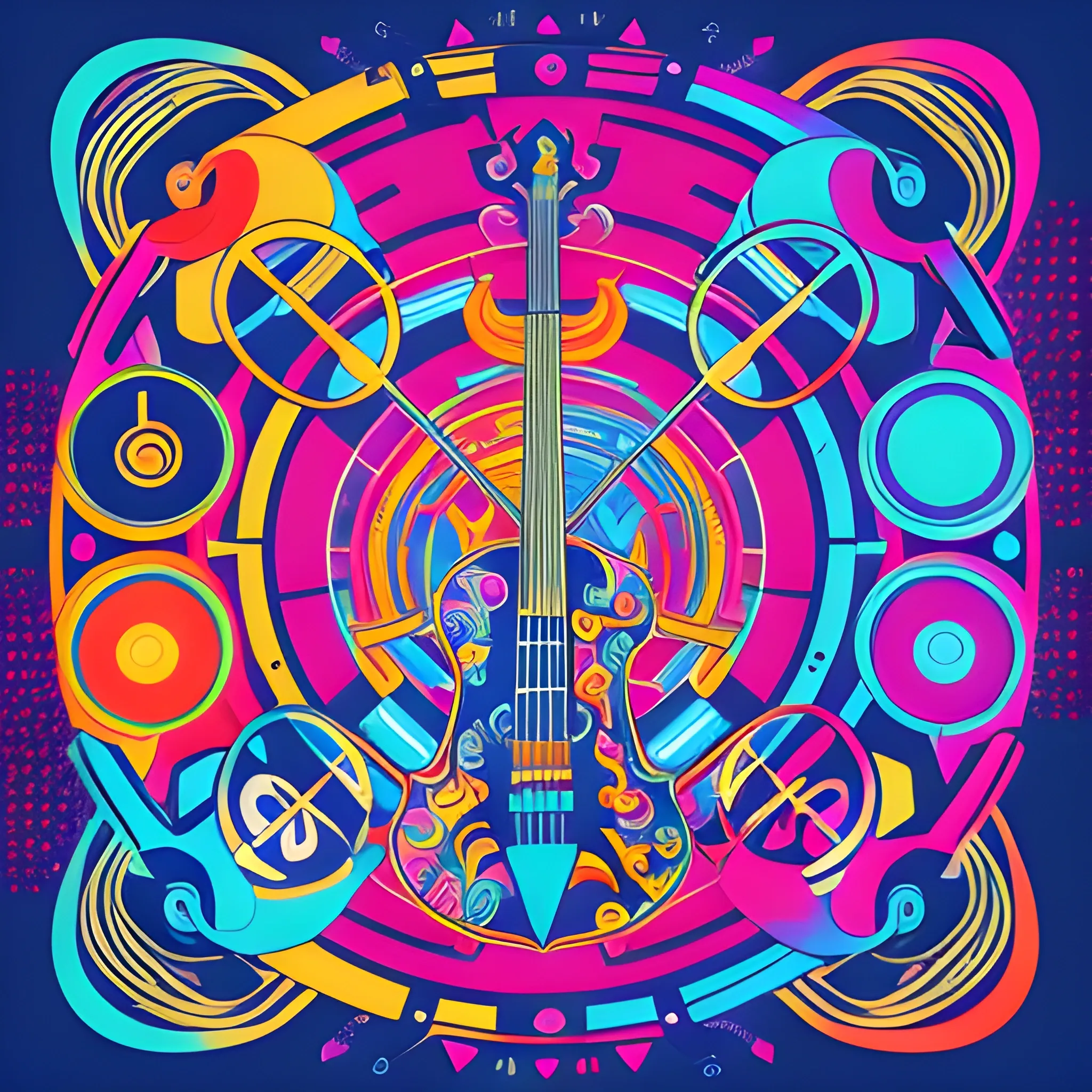 anime-style avatar featuring abstract musical elements. The design should include stylized musical symbols like notes, treble clefs, and abstract representations of instruments such as pianos or guitars. Incorporate vibrant, colorful patterns and dynamic shapes to evoke the essence of music. The composition should be artistic and engaging, focusing on musical themes without depicting specific characters."