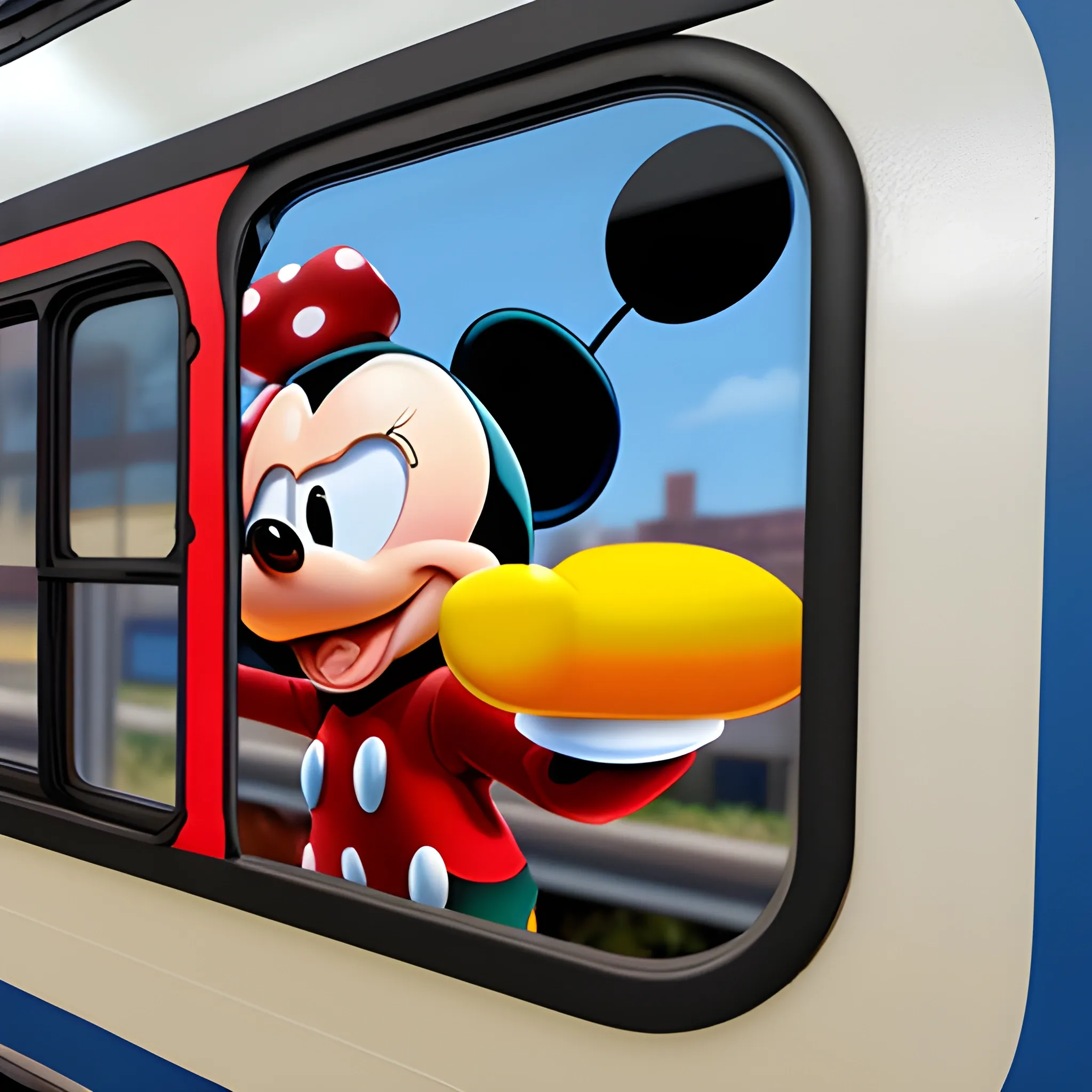 mickey mouse asomado a una ventana de tren, imagen de frente, medio cuerpo asomado, codos apollados, 3D