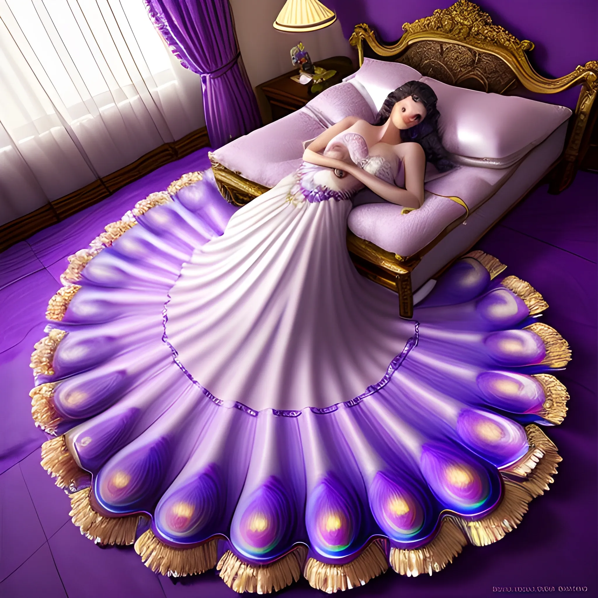 highest quality, masterpiece, ultra resolution, artwork, long-shot view shows entire the peacock's feathers stretches swirl flooding the floor, love, romantic, female laying on bad, many iris flowers decorative on dress skirt, Frilled silk white satin silk bedspread, many satin pillows on the mattress, fluffy pillow with frills,luxurious ruffled violet curtains, glamour lighting, spotlight, soft violet light technique