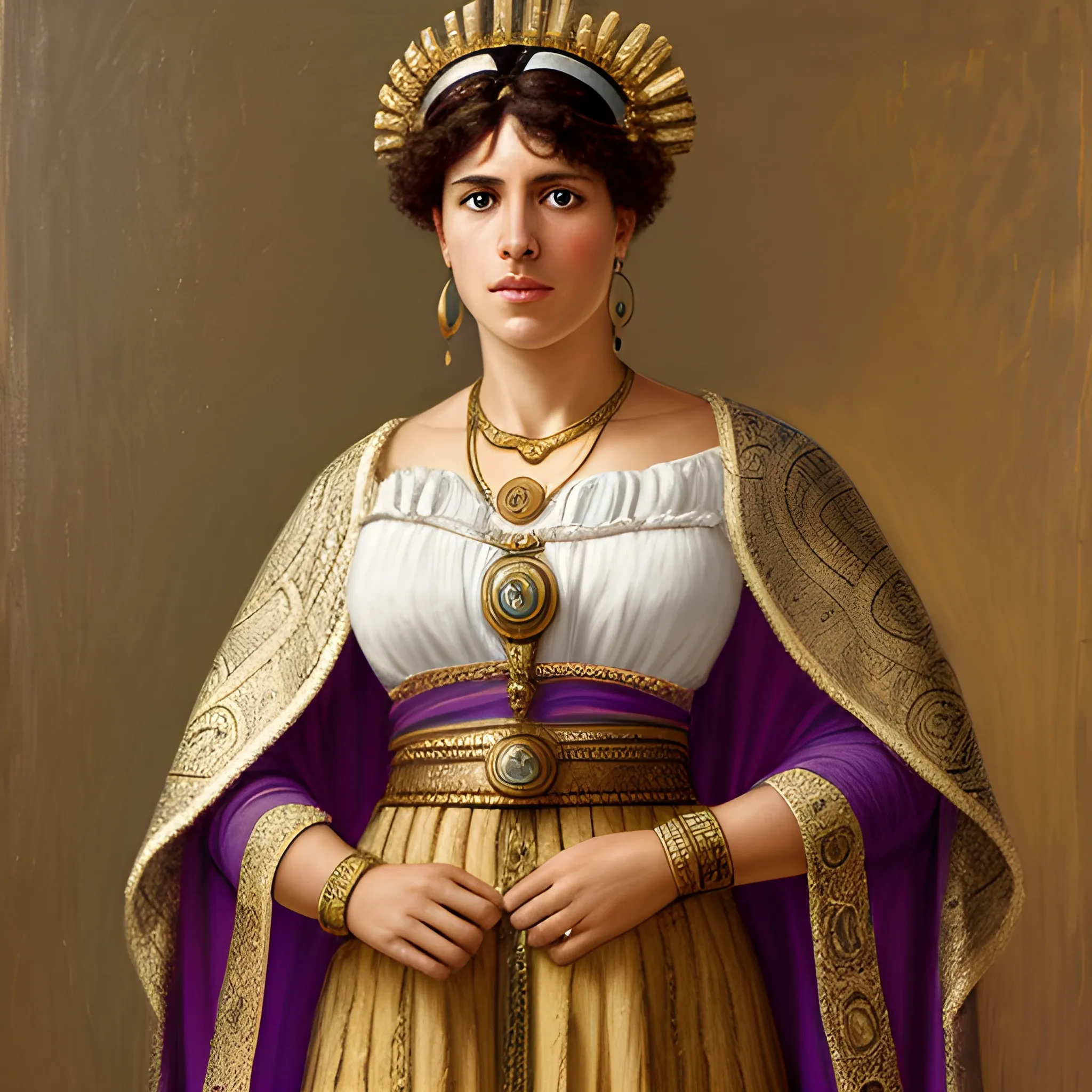 An oil on canvas painting in the style of the painter Alma Tadema depicts an Iberian woman of the noble class of 300 BC in Hispania with her full body, highlighting her bearing as well as her clothing and adornments, a reflection of her elevated status in society. Her attire is of great complexity and richness, made up of various elements representative of Iberian culture. The main garment is a white linen or woollen tunic. Over the tunic he wears a cloak or cape decorated on the edges with embroidery and geometric patterns, characteristic of Iberian art. The purple cloak is fastened with bronze or silver brooches or fibulae. Necklaces, earrings and bracelets are made of gold, silver or bronze and she wears an ornate diadem or headdress, made of precious metals., Oil Painting