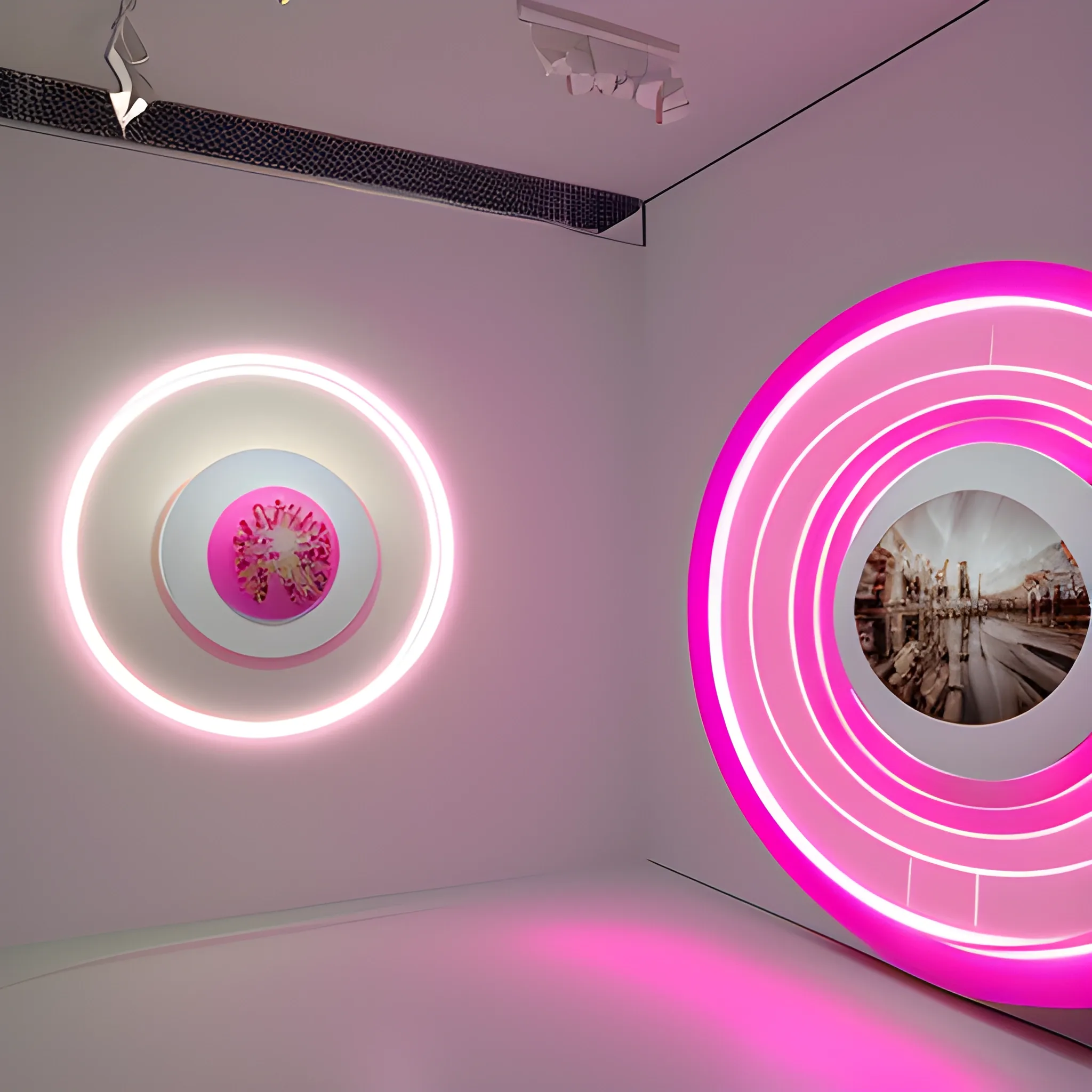 , 3D , pink interior, round design, art exhibition, sof light
