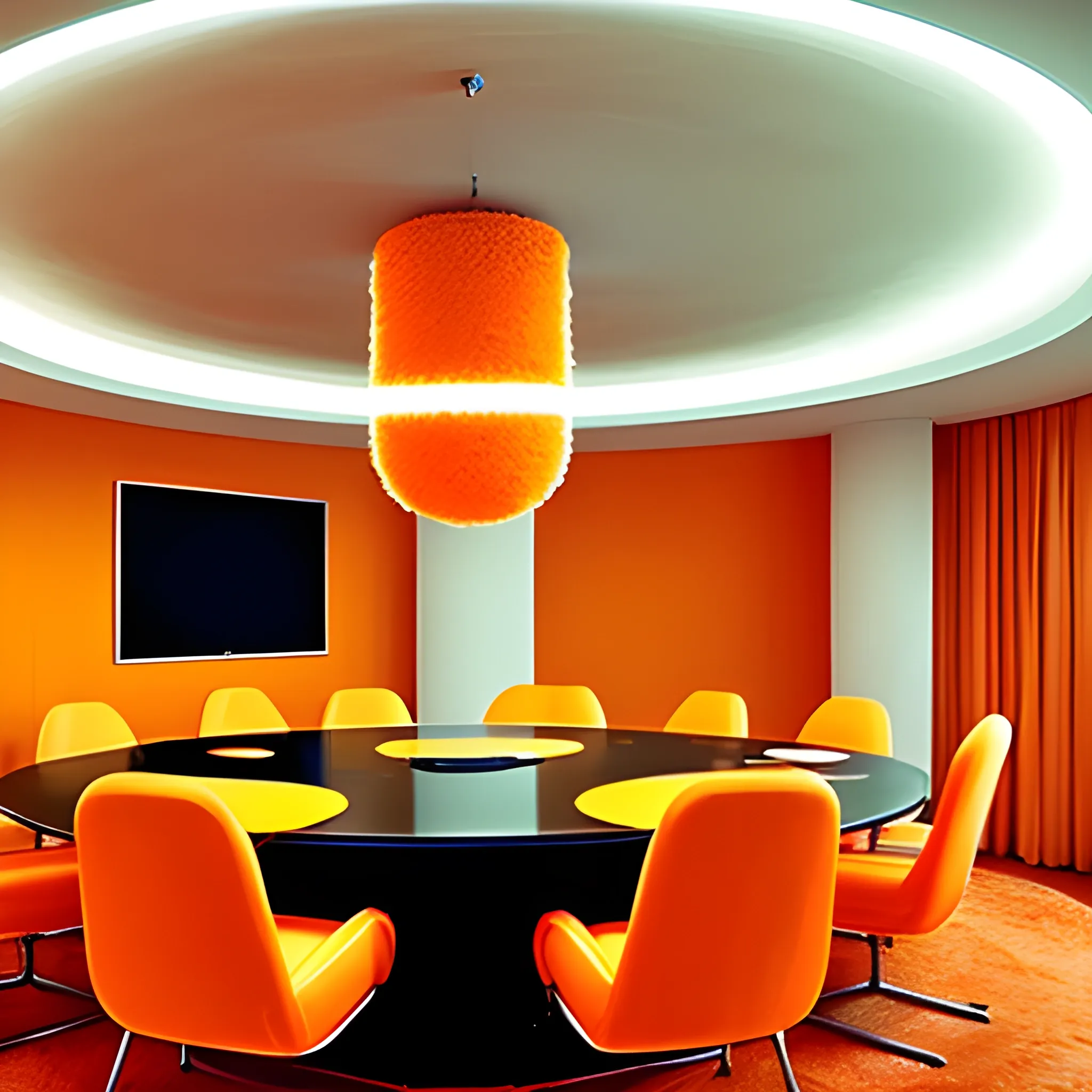 a 70s and futuristic room with large curved ceiling ,no windows round velvet orange chairs and tables, everything is soft and fluffy ,circular ceiling cane lights with orange tones,