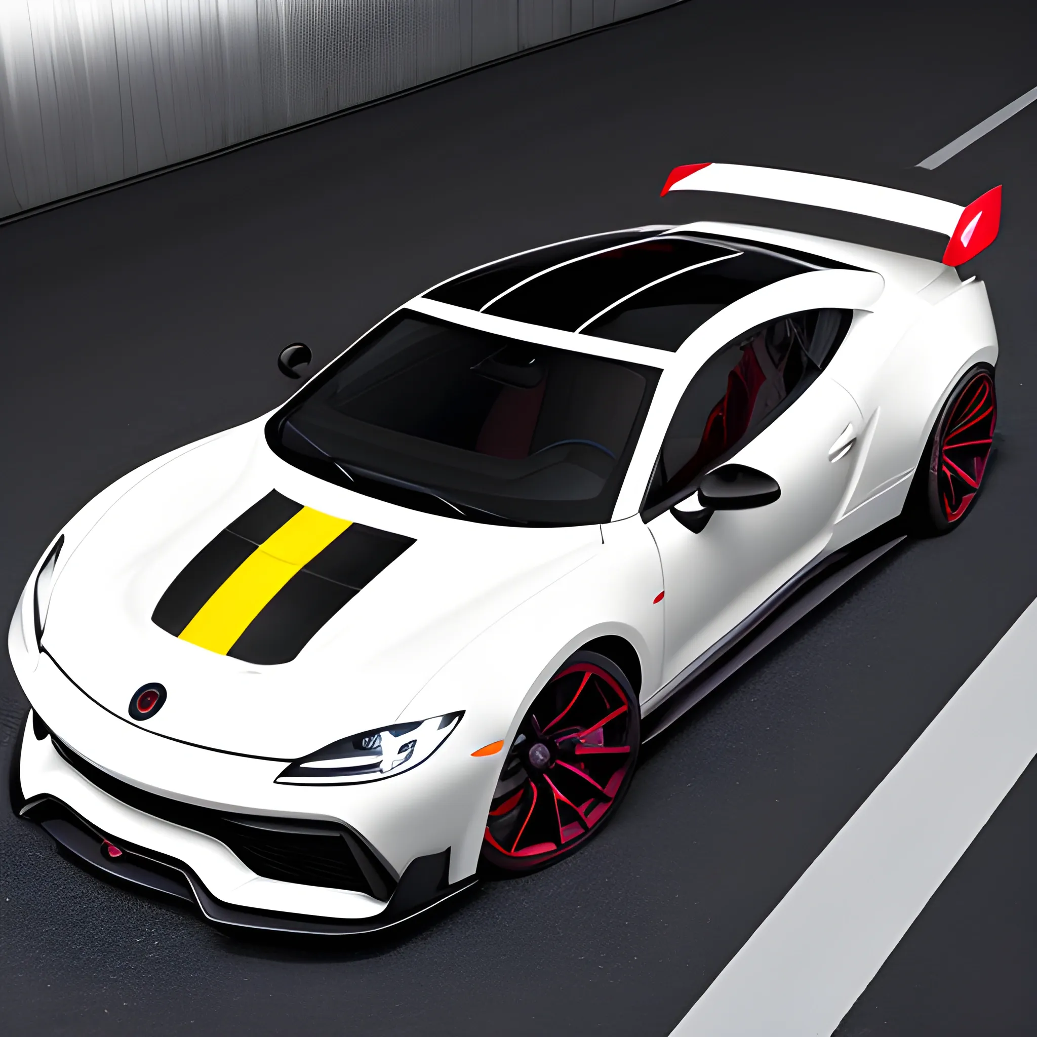 A high-quality rendering of a sleek red sports car displayed in a side profile view against a plain white background, showcasing its dynamic and aggressive design. The car features a glossy red exterior with smooth curves and sharp lines, creating a powerful aesthetic. It has a two-door coupe body style with a low-slung roof and prominent black wheel arches that add to its muscular stance. The vehicle's alloy wheels are black five-spoke designs, complemented by red brake calipers visible through the spokes. The side mirrors are painted red, matching the car's body color, and the windows have black trim. A black fuel cap is located on the right rear side of the car, and a distinctive black circular emblem with 'HEMI' text in white is visible near the center of the fuel cap. The rear features a black spoiler that adds to its aerodynamic appearance, and the lower edge of the car has a black trim, giving it a sporty look. A black skull emblem decal is prominently placed on the front fender near the side door, while another is visible on the side panel. The headlights are narrow and slimmer, positioned centrally, with a subtle lip spoiler extending forward to enhance aerodynamics. The overall lighting is soft, even, and diffused, ensuring all details of the car are clearly visible without harsh shadows, highlighting the car's vibrant color and stylish features. The background is plain white, emphasizing the car's design and making it the focal point of the image.