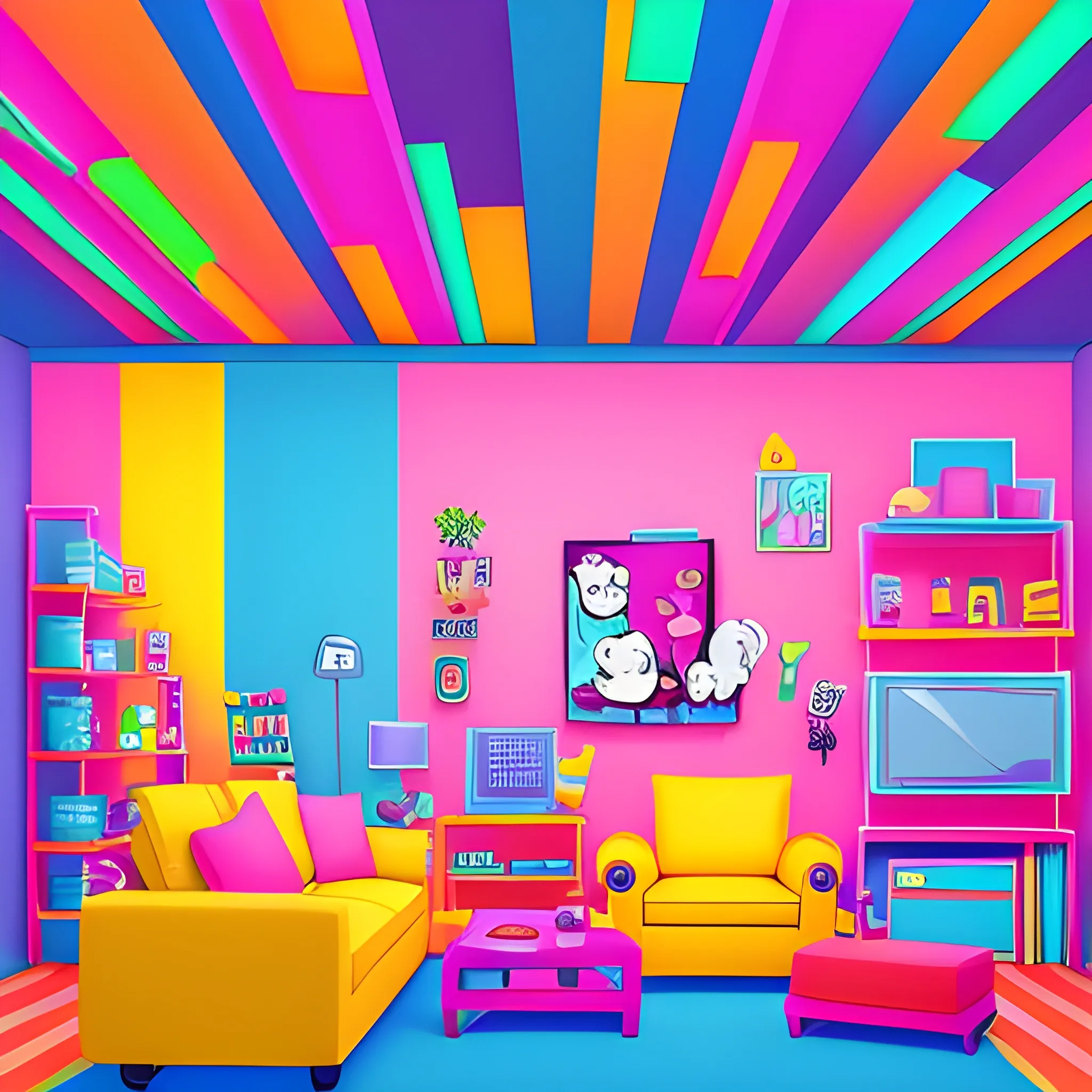 A vibrant and colorful background showcasing a variety of products. Display plush toys, gadgets, and home items creatively arranged. Use bright colors like pinks, blues, and yellows to create a lively atmosphere with dynamic lighting. , style Cartoon