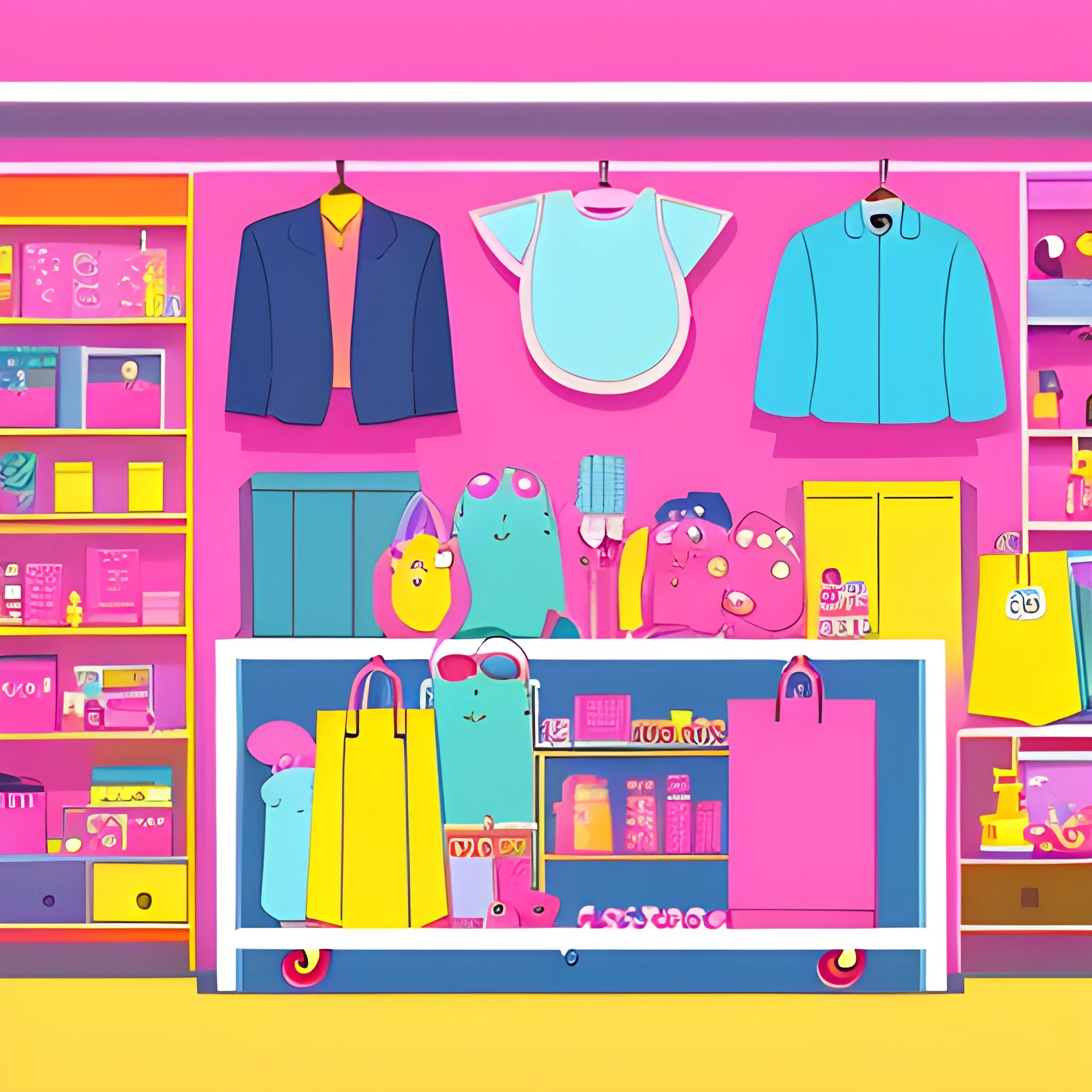 shopping background showcasing a variety of products. Display plush toys, gadgets, and home items creatively arranged. Use bright colors like pinks, blues, and yellows to create a lively atmosphere with dynamic lighting. , style Cartoon