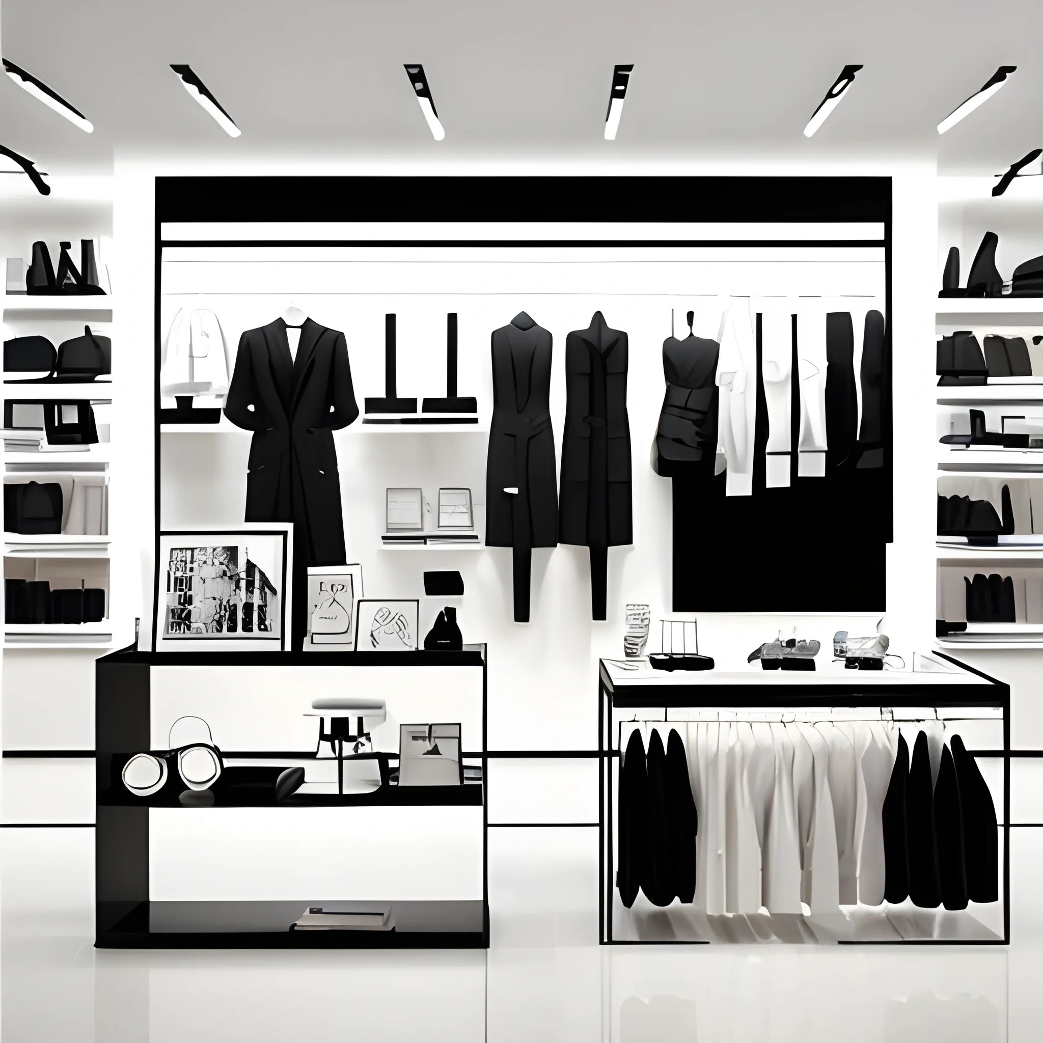 A sleek shopping background showcasing a variety of products. Display plush toys, gadgets, and home items creatively arranged. Use a minimalist black and white color palette with subtle shading and contrasts to create a modern, elegant atmosphere. The lighting should be soft but focused, emphasizing the details of the products, in a clean and sophisticated style.