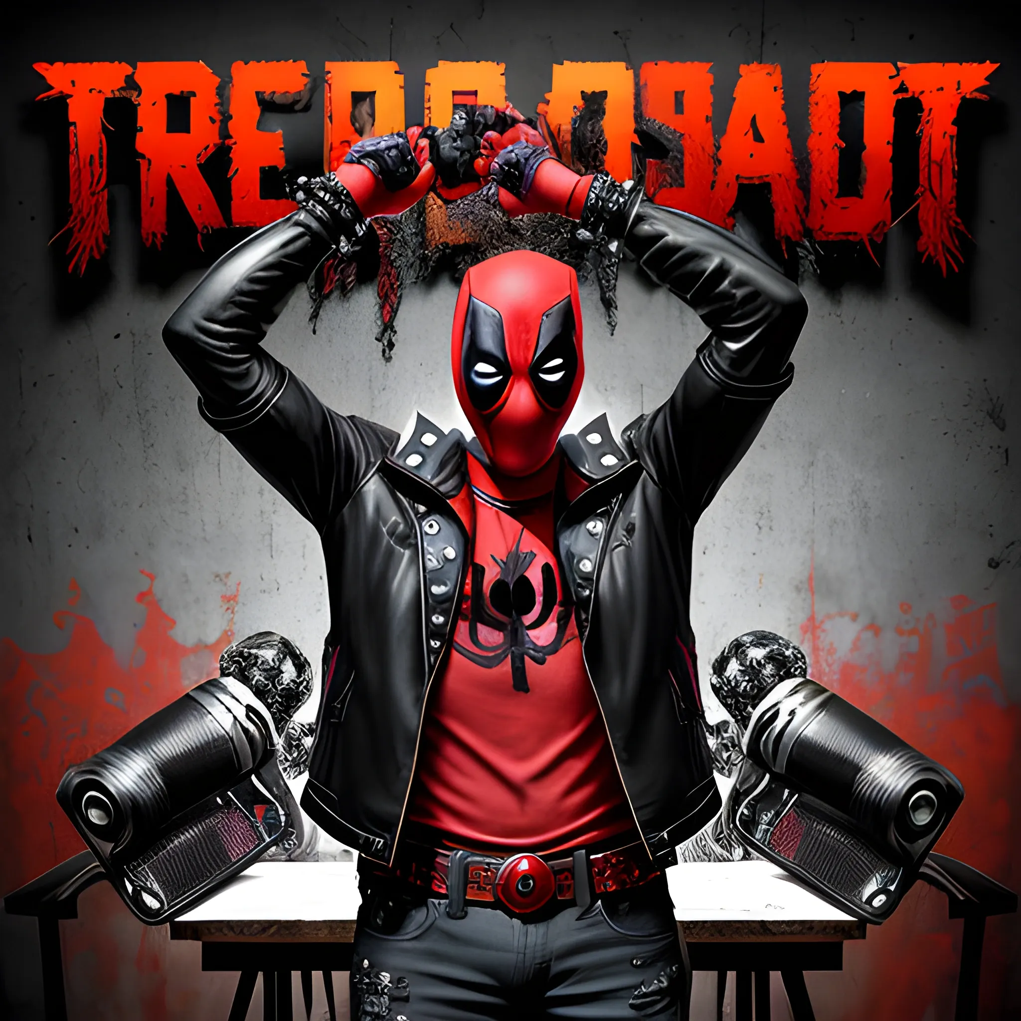 Create a hyper-realistic image of Deadpool in a Thrash Metal setting, congratulating a handsome, short-haired man with dark skin. Deadpool is wearing a ripped band t-shirt, studded bracelets, and black jeans with chains. He’s giving the man a thumbs-up and a playful grin, while the man, dressed in a leather jacket and jeans, smiles confidently. The background is a gritty stage with roaring speakers, skulls, and dark lighting, with posters of famous thrash metal bands and graffiti on the walls. The colors should be dark and edgy, with intense reds, blacks, and silvers dominating the scene