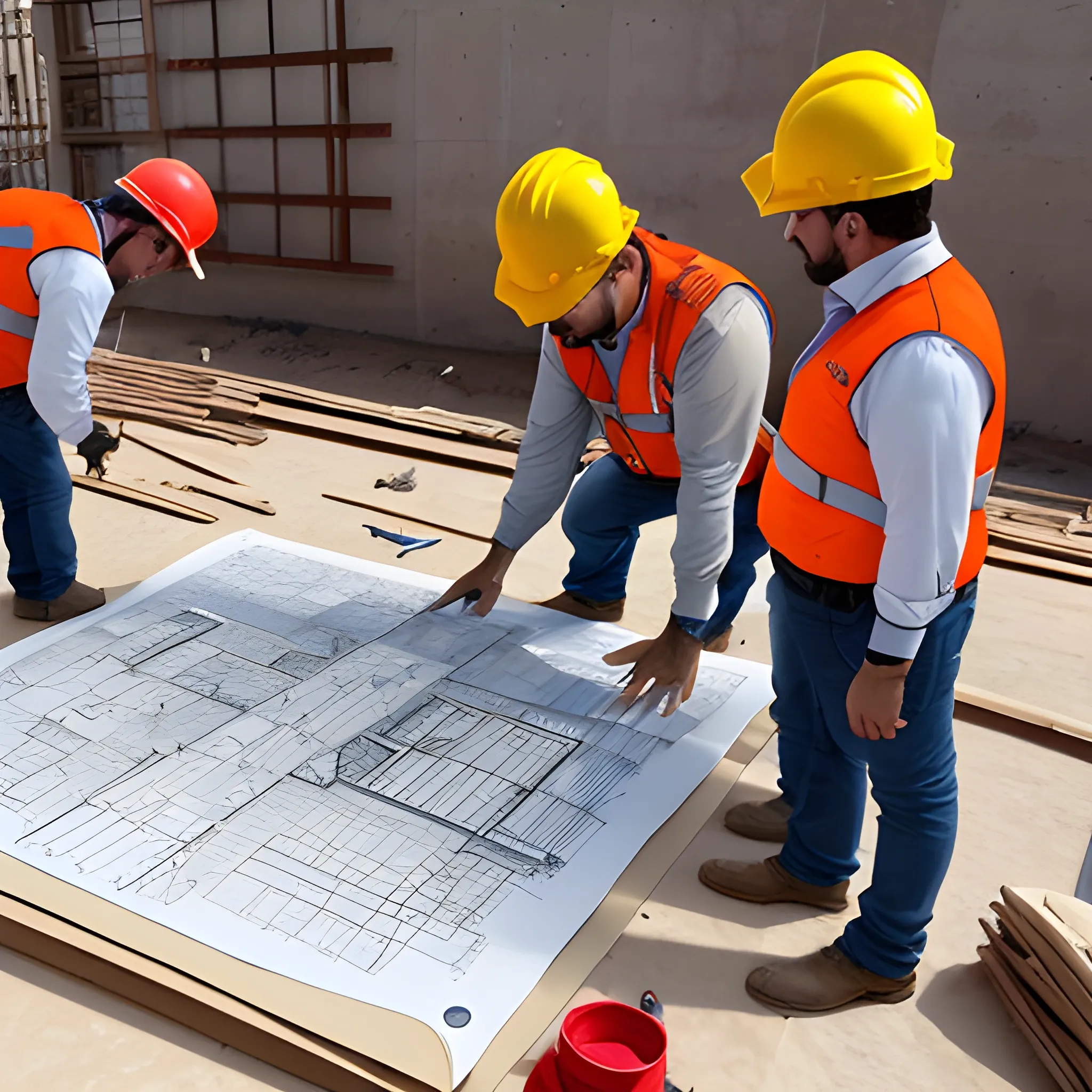 un grupo de ingenieros coordinando un trabajo en un obra . me gustria que se vean 2 grua torres