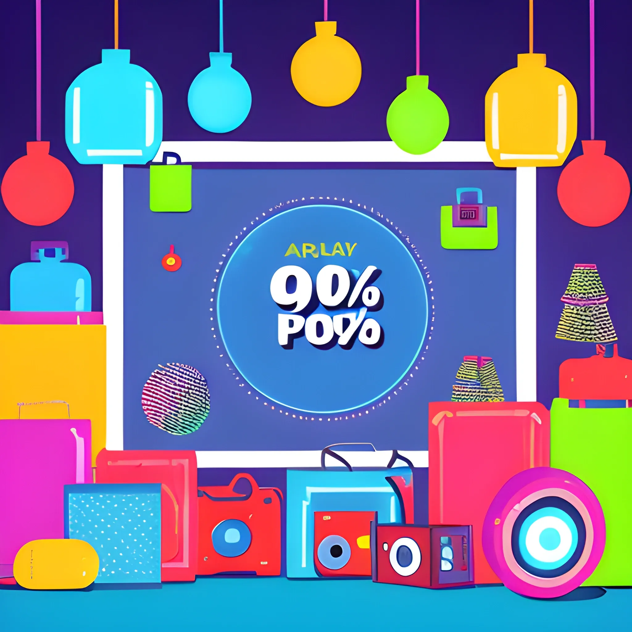 A promotional image with bold discount tags and labels. Display a variety of products like electronics, toys, and home items on a vibrant, attention-grabbing background. Use bright colors and dynamic lighting to emphasize the discount theme, creating a visually engaging and festive atmosphere. , Cartoon