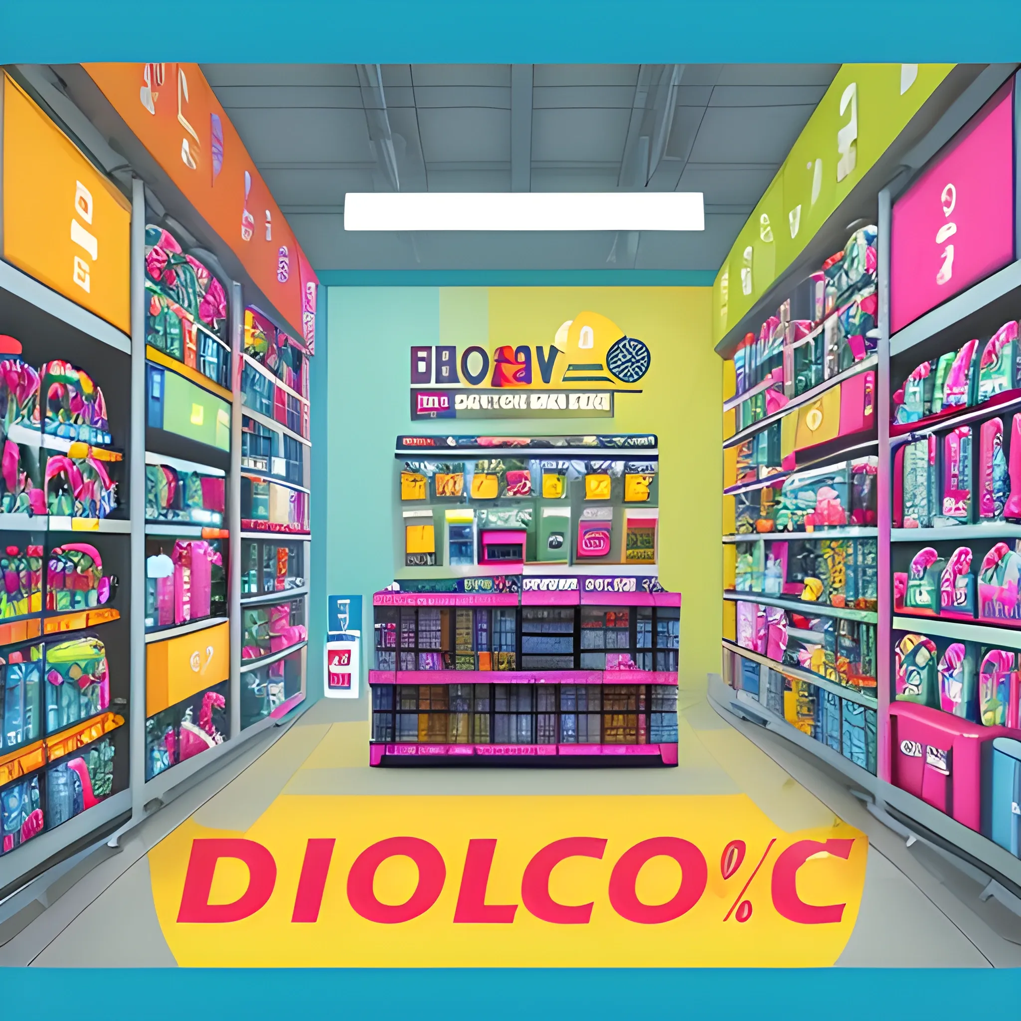 A promotional image with bold discount tags and labels. Display a variety of products like electronics, toys, and home items on a vibrant, attention-grabbing background. Use casual colors and dynamic lighting to emphasize the discount theme, creating a visually engaging and festive atmosphere.
