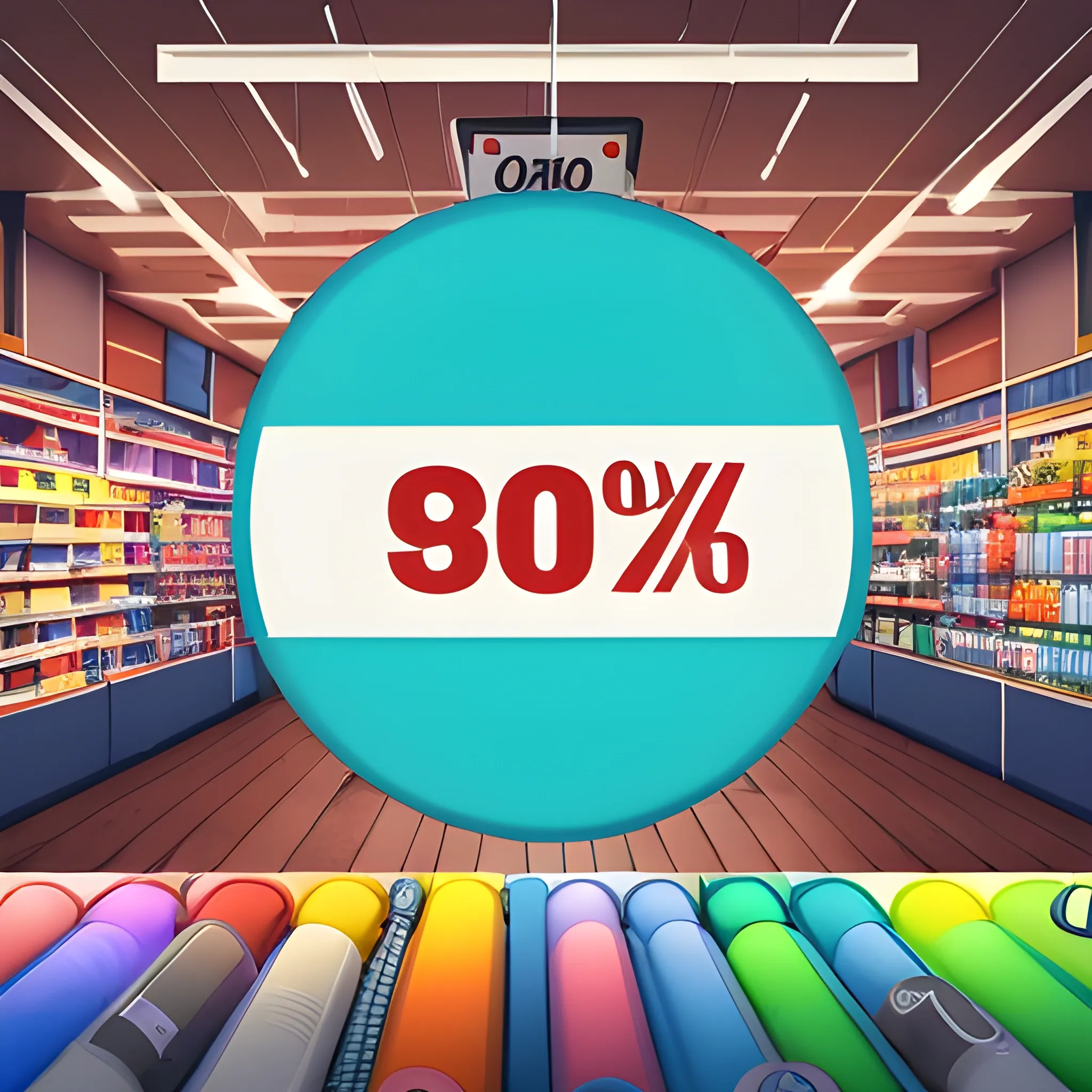 A promotional image with bold discount tags and labels. Display a variety of products like electronics, toys, and home items on a casual, attention-grabbing background. Use casual colors and dynamic lighting to emphasize the discount theme, creating a visually engaging and festive atmosphere.
