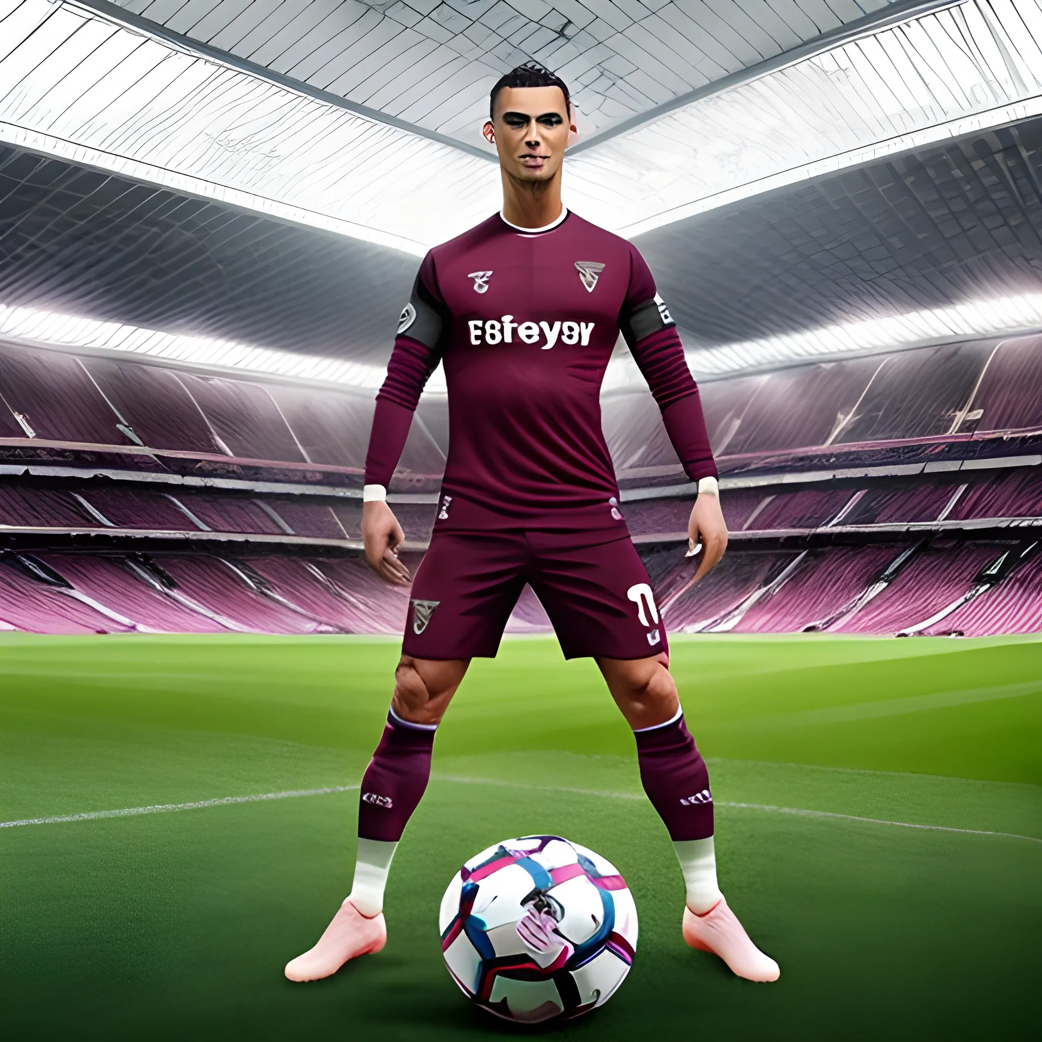 CRISTIANO RONALDO showing off West Ham football club new kit  in stadium full body with west ham badge , realistic