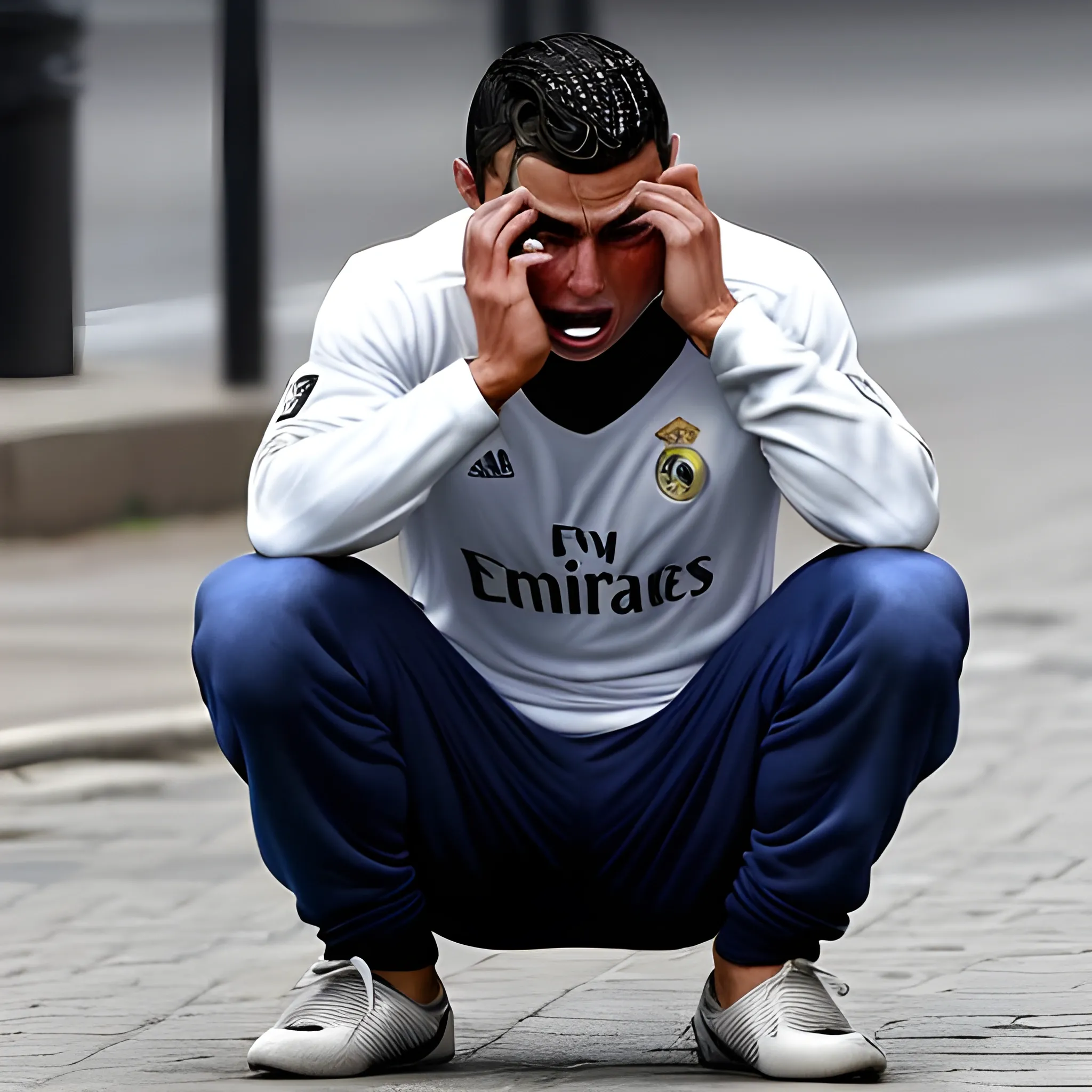 Cristiano Ronaldo in poor clothes homeless crying 