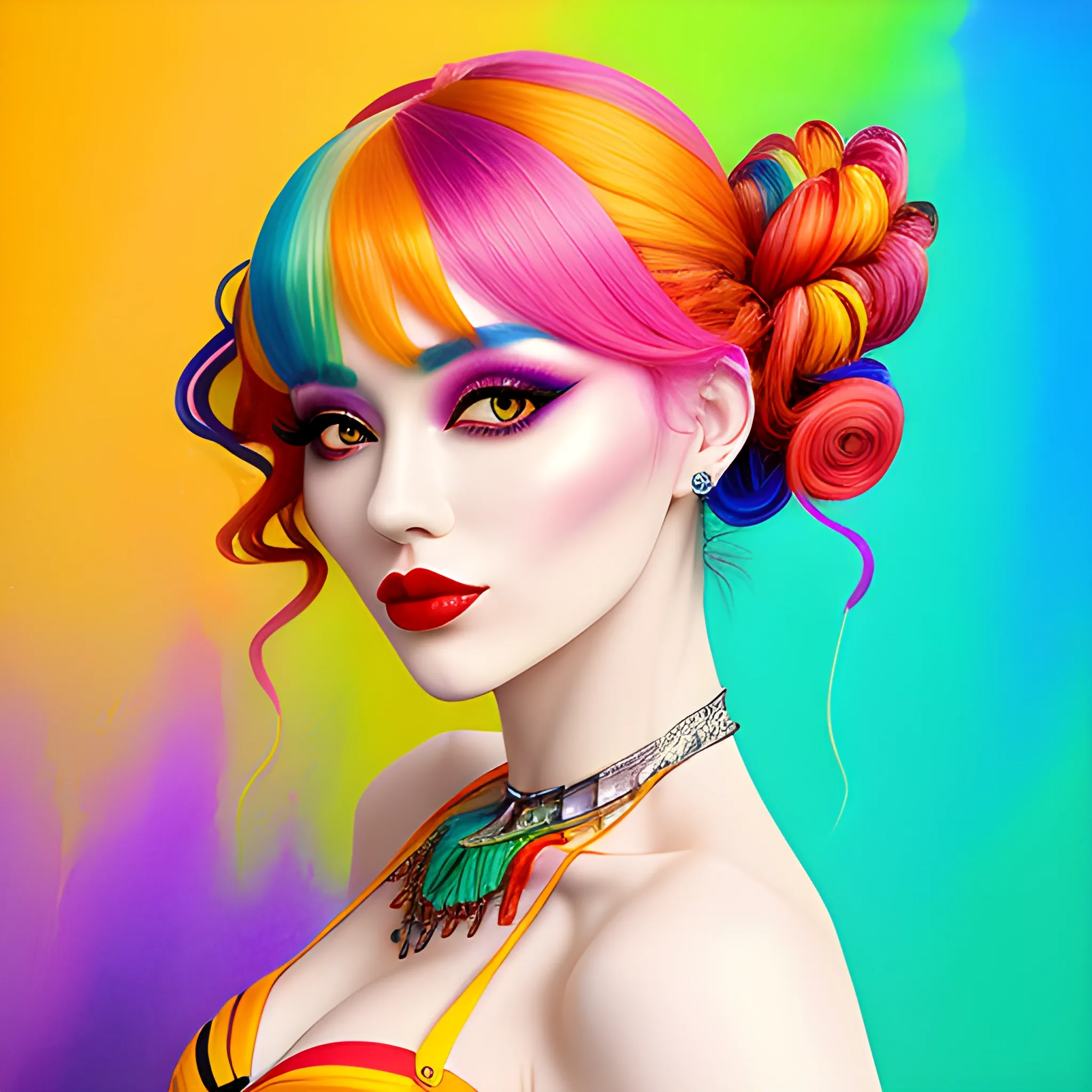 (Masterpiece Best Quality), (Extremely Complex: 1.2),, beautiful girl, big eyes, orange-red lipstick, silver-green bangs, short curly hair, wearing colorful and fashionable summer colorful pattern T-shirt half-sleeve, half-length picture, half-length photo, blue, red, yellow, pink, gradient hair, {neon pink hair, tender pink hair, tender blue hair, tender green hair, tender yellow hair,}, glowing hair, shirt, black eyes, blurred background, red lips, bangs, ((Colorful balloon background)), collarbone, colorful ink background, ((Ink splash)) (Color splash), standing picture, upper body ((Rainbow color hair)), gradient color, paint, highest quality, highest quality, masterpiece, depth of field, delicate and moist skin, cute girl, solo, wall covered with colorful paint, gradient, exquisite CG, exquisite and beautiful facial features, gorgeous highlights, crystal clear, beautiful, charming, shining, perfect, ultra-clear Chinese style