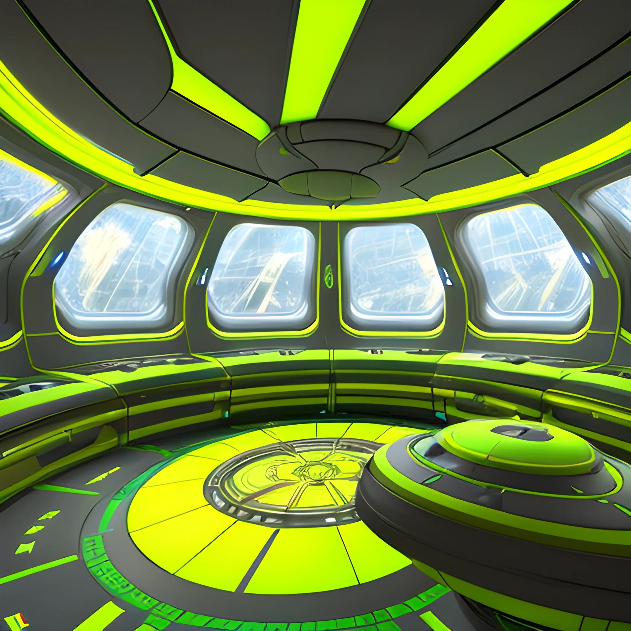 A breathtaking 3D render of a futuristic Norwegian-inspired starship with a saucer-like design, featuring multiple levels and mesmerizing colorful lighting illuminating the windows. The ship is adorned with intricate metallic golden patterns and glowing green matte circles, highlighting advanced technology and a vibrant, futuristic atmosphere. The elongated engines on either side resemble 1924 Deusenberg-inspired sneakers with a bold yellow and green matte color scheme, seamlessly integrated into the upper section of the starship, creating a unique fusion of art deco and futuristic elements.