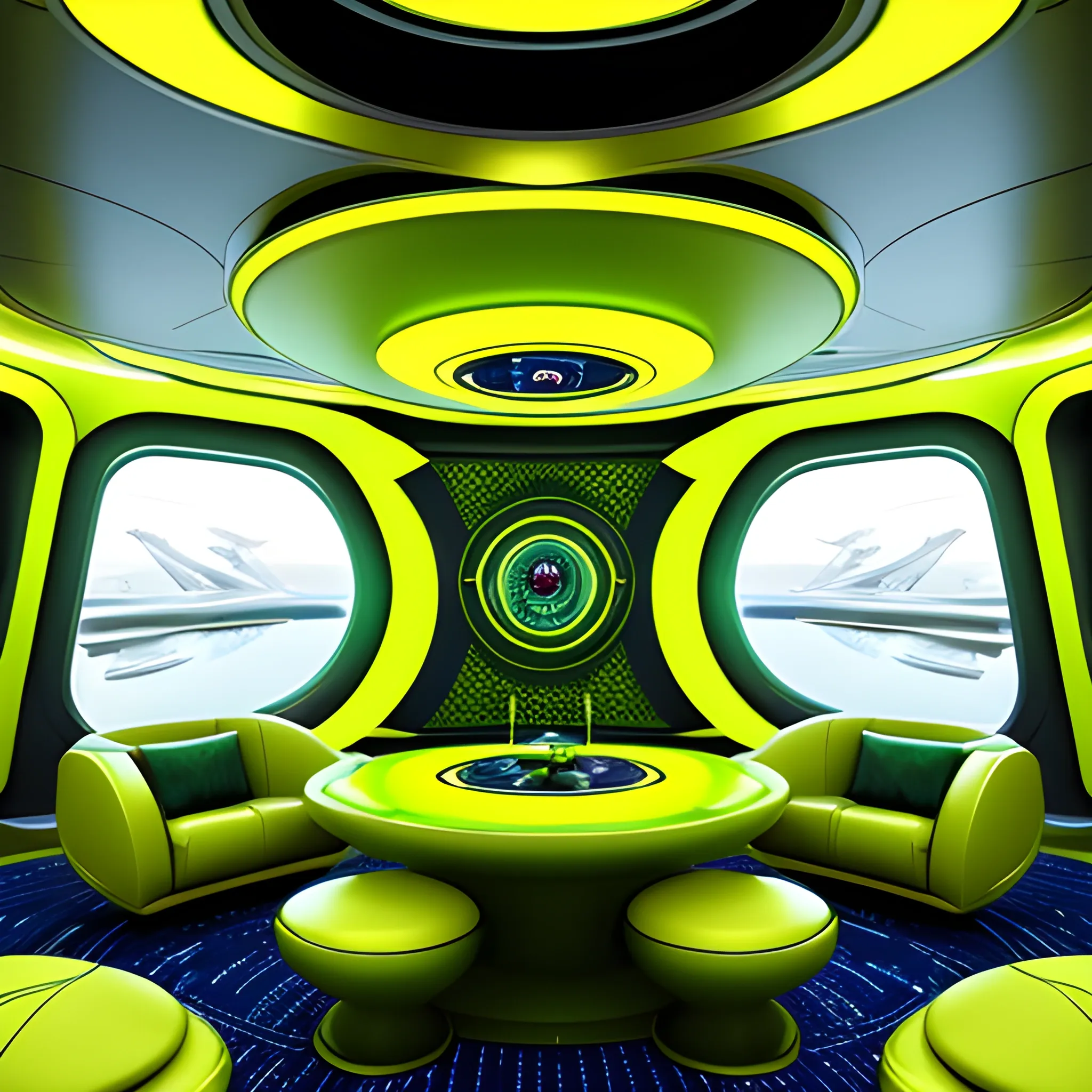 A breathtaking 3D render of a futuristic Norwegian-inspired starship with a saucer-like design, featuring multiple levels and mesmerizing colorful lighting illuminating the windows. The ship is adorned with intricate metallic golden patterns and glowing green matte circles, highlighting advanced technology and a vibrant, futuristic atmosphere. The elongated engines on either side resemble 1924 Deusenberg-inspired sneakers with a bold yellow and green matte color scheme, seamlessly integrated into the upper section of the starship, creating a unique fusion of art deco and futuristic elements.