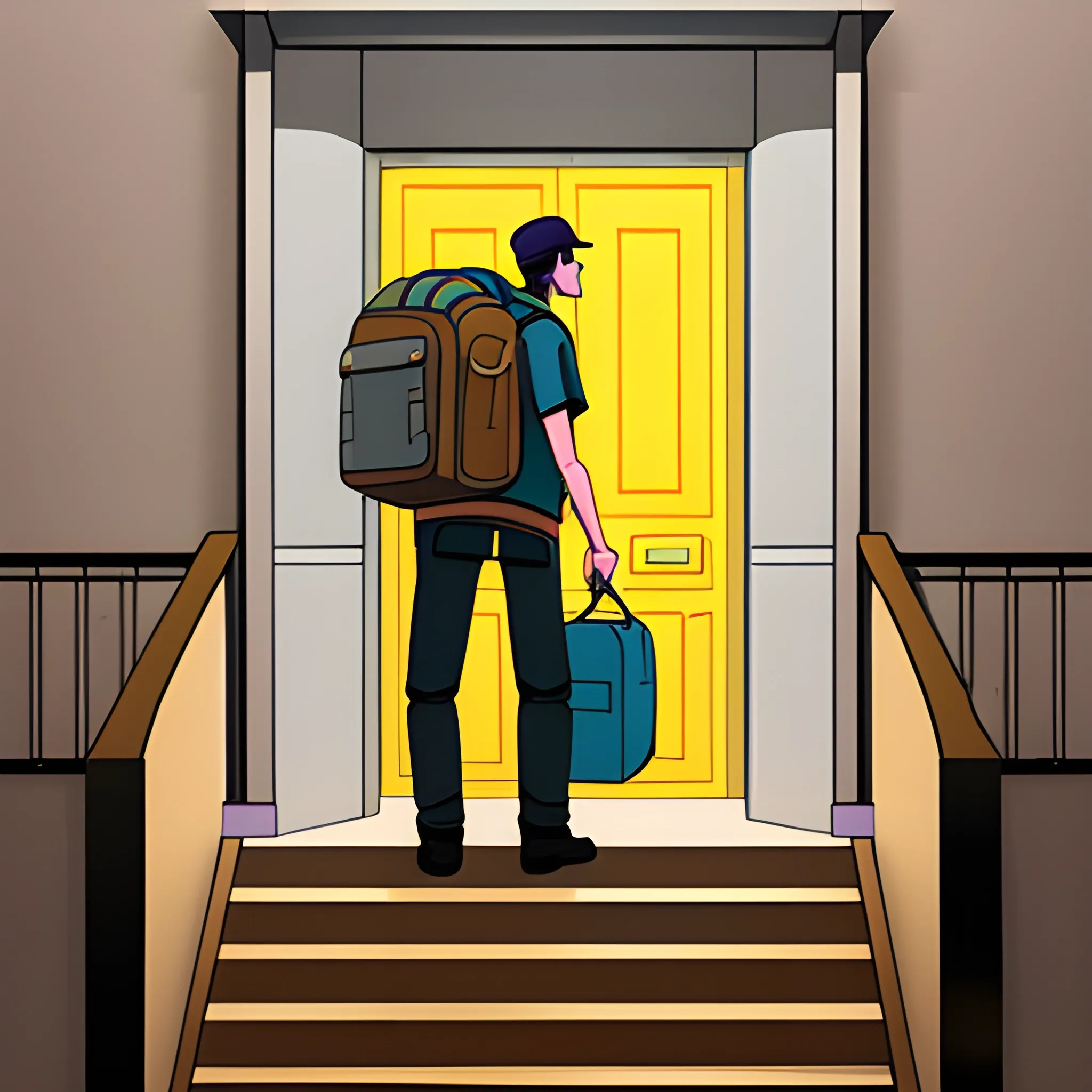 A courier from the company "Delivery Club" with a backpack stands on the stairwell of a Russian building in front of the apartment door, Cartoon