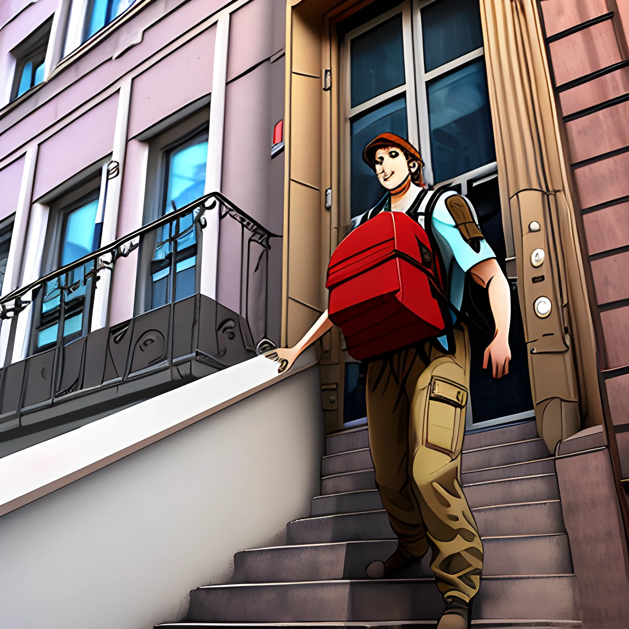 A courier from the company "Delivery Club" with a backpack stands on the stairwell of a Russian building in front of the apartment door, Cartoon