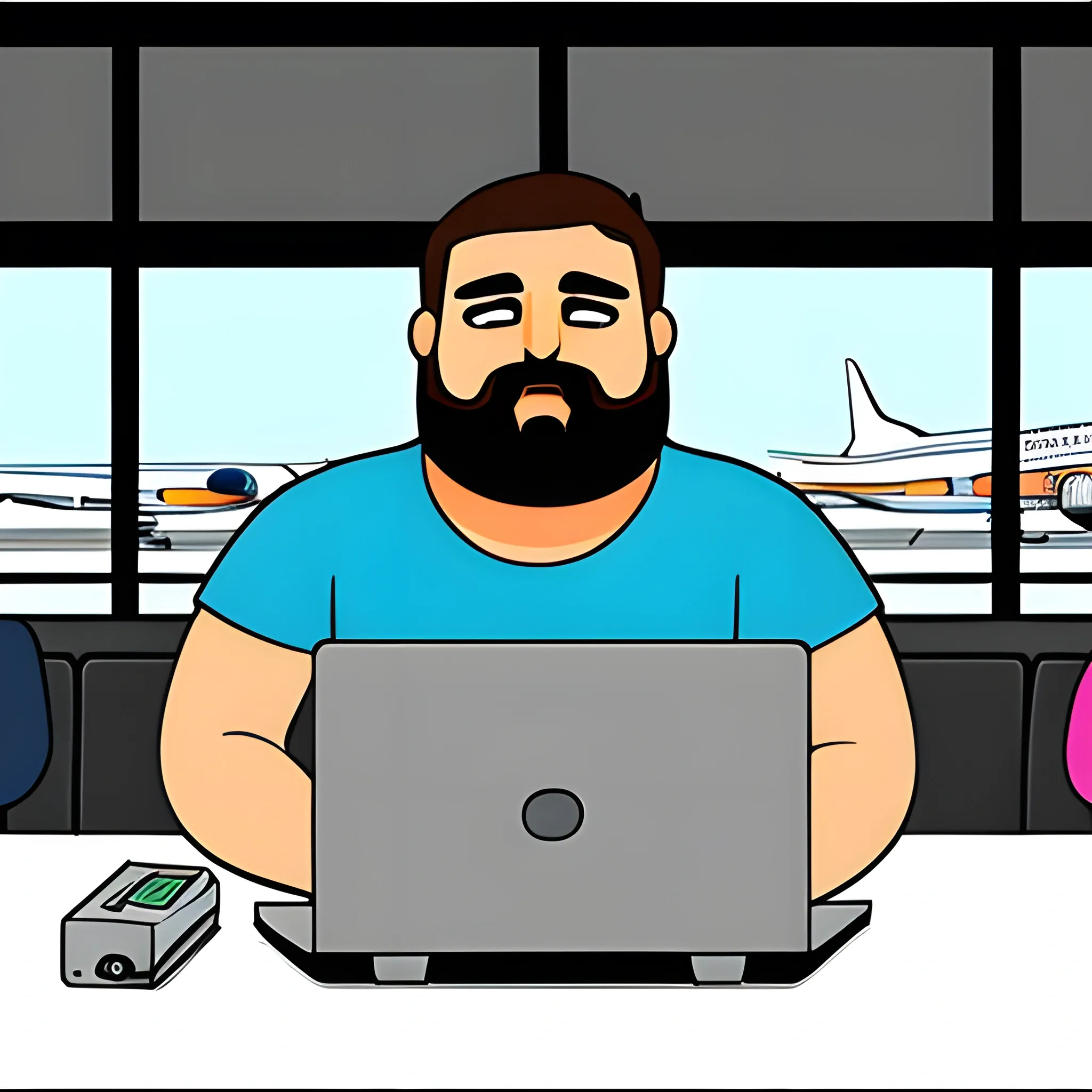 Quiero una imagenprogramador gordito con barba y anteojos, trabajando en su laptop en un aeropuerto de fondo , Cartoon