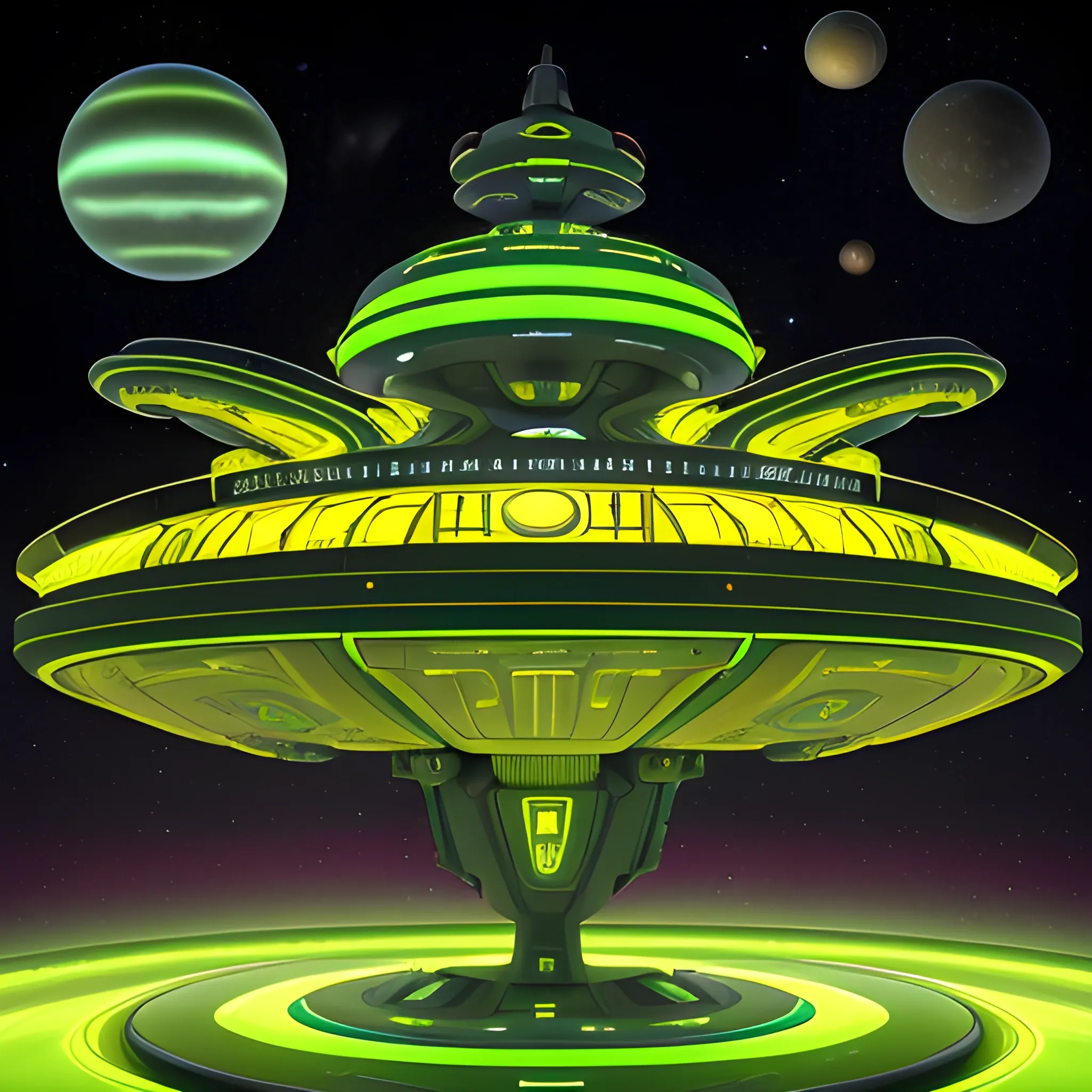 A breathtaking 3D render of a futuristic Norwegian-inspired starship with a saucer-like design, featuring multiple levels and mesmerizing colorful lighting illuminating the windows. The ship is adorned with intricate metallic golden patterns and glowing green matte circles, highlighting advanced technology and a vibrant, futuristic atmosphere. The elongated engines on either side resemble 1924 Deusenberg-inspired sneakers with a bold yellow and green matte color scheme, seamlessly integrated into the upper section of the starship, creating a unique fusion of art deco and futuristic elements.Traveling domed colony by a Saturn-Earth-esque planet, with stars, ships, space station, a Nebula, and a comet, in the background.